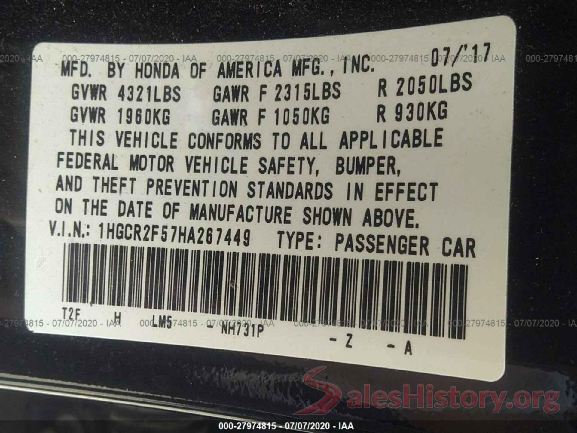 1HGCR2F57HA267449 2017 Honda Accord