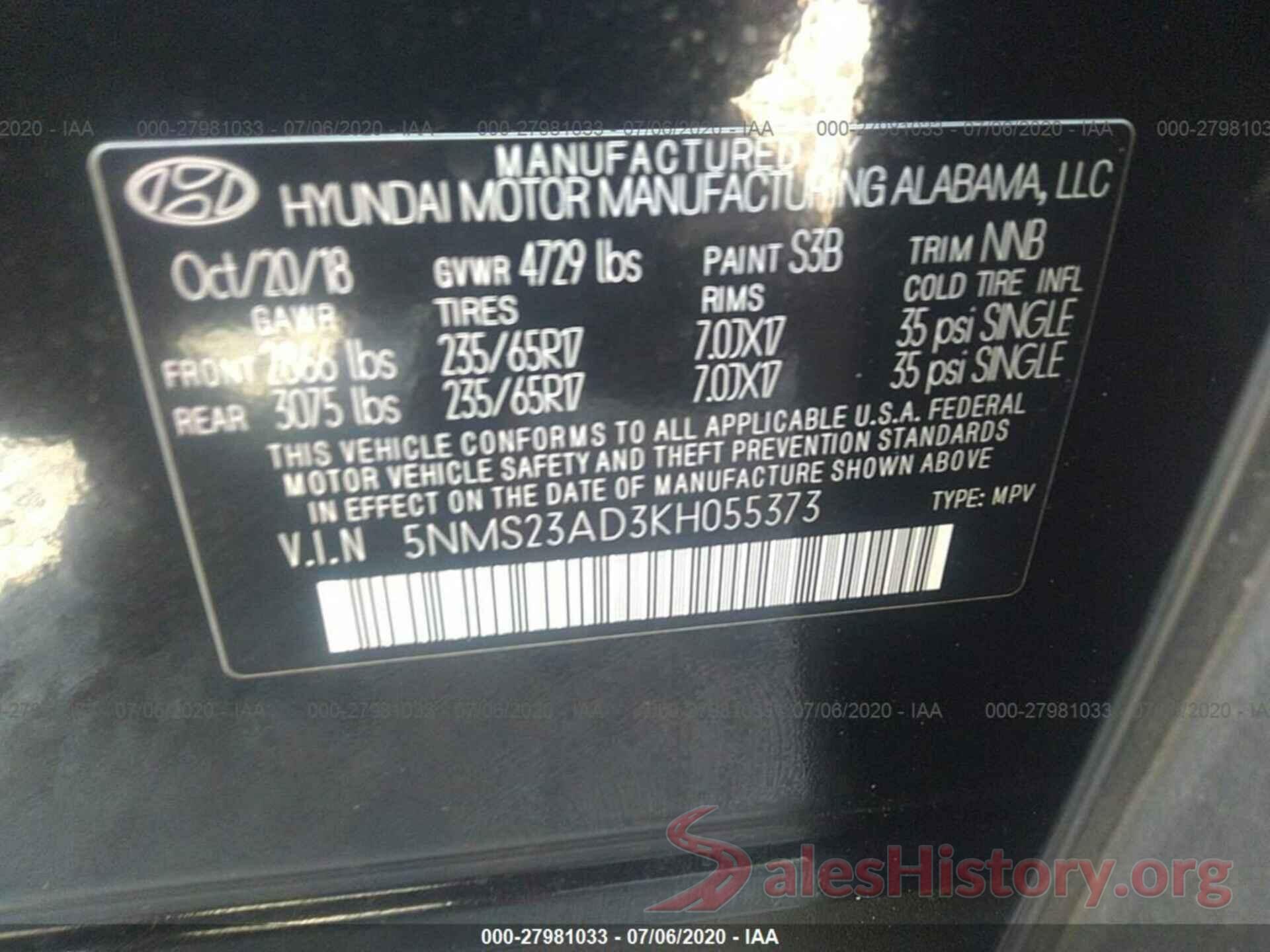 5NMS23AD3KH055373 2019 HYUNDAI SANTA FE