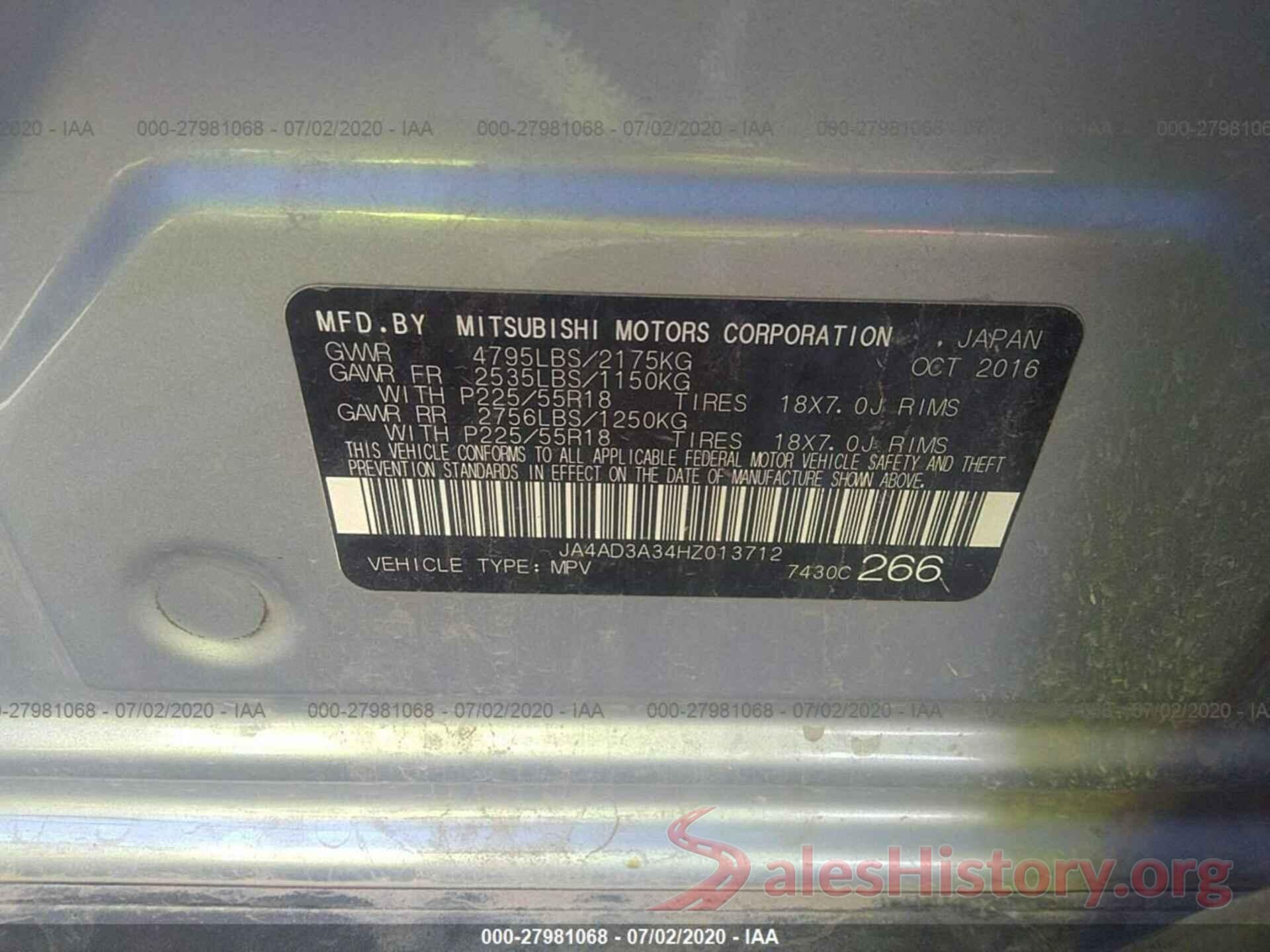 JA4AD3A34HZ013712 2017 MITSUBISHI OUTLANDER