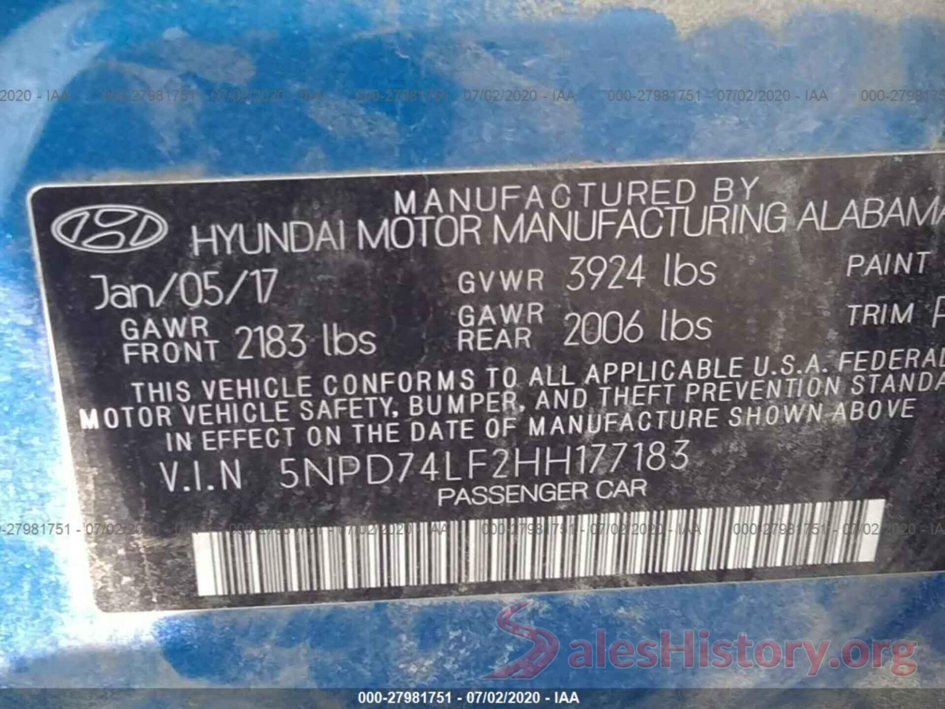 5NPD74LF2HH177183 2017 HYUNDAI ELANTRA