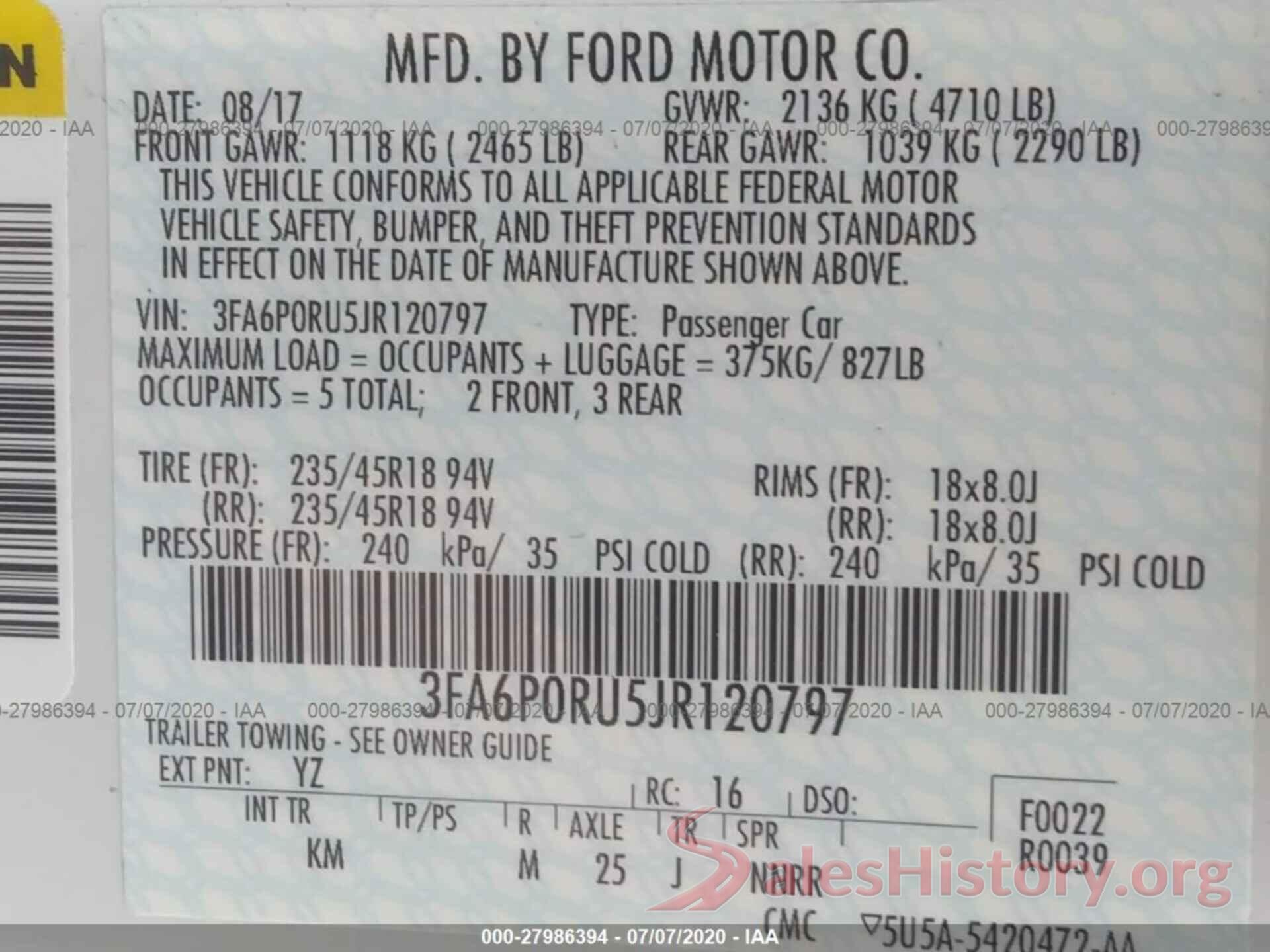 3FA6P0RU5JR120797 2018 FORD FUSION HYBRID