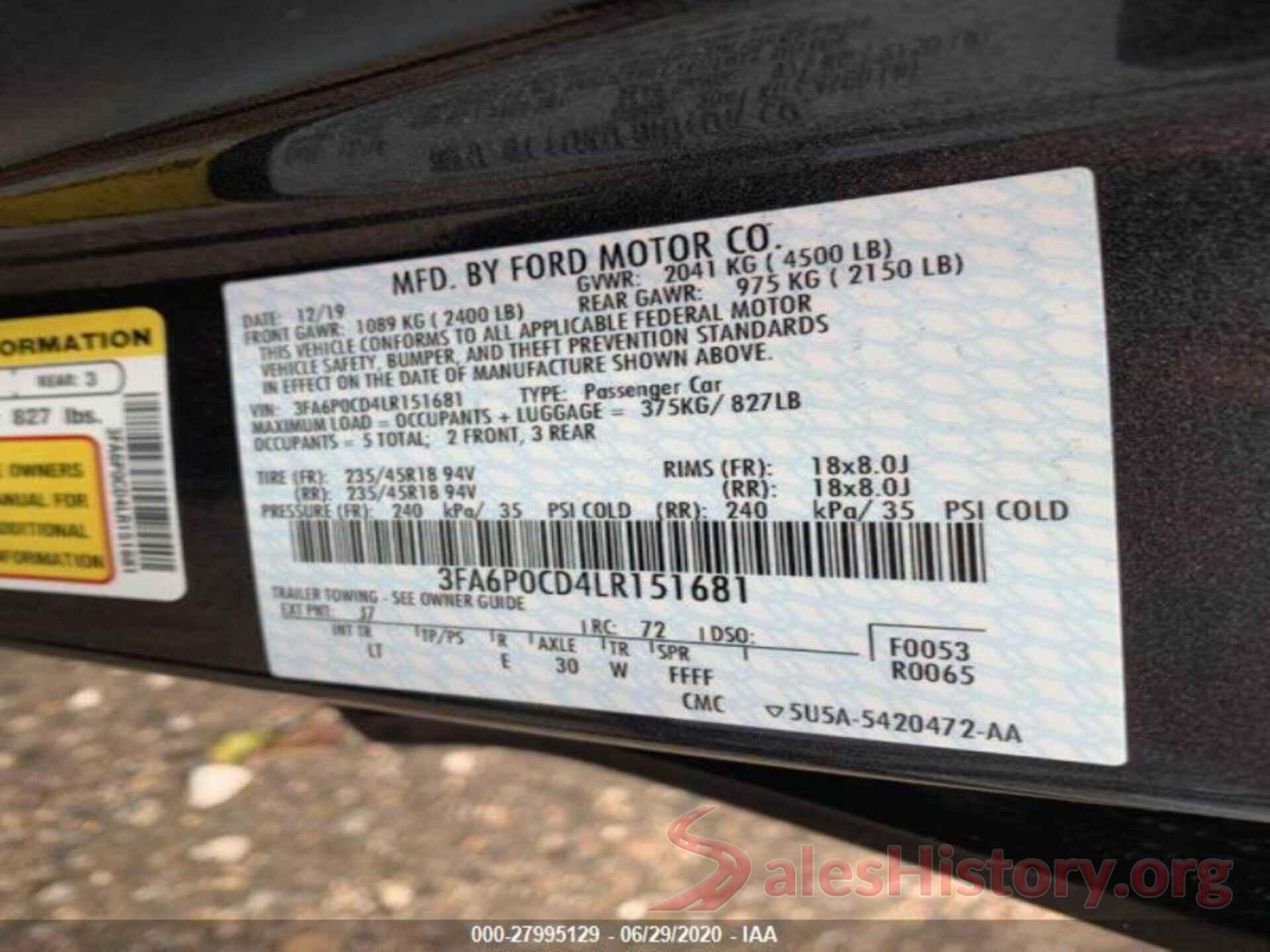 3FA6P0CD4LR151681 2020 FORD FUSION