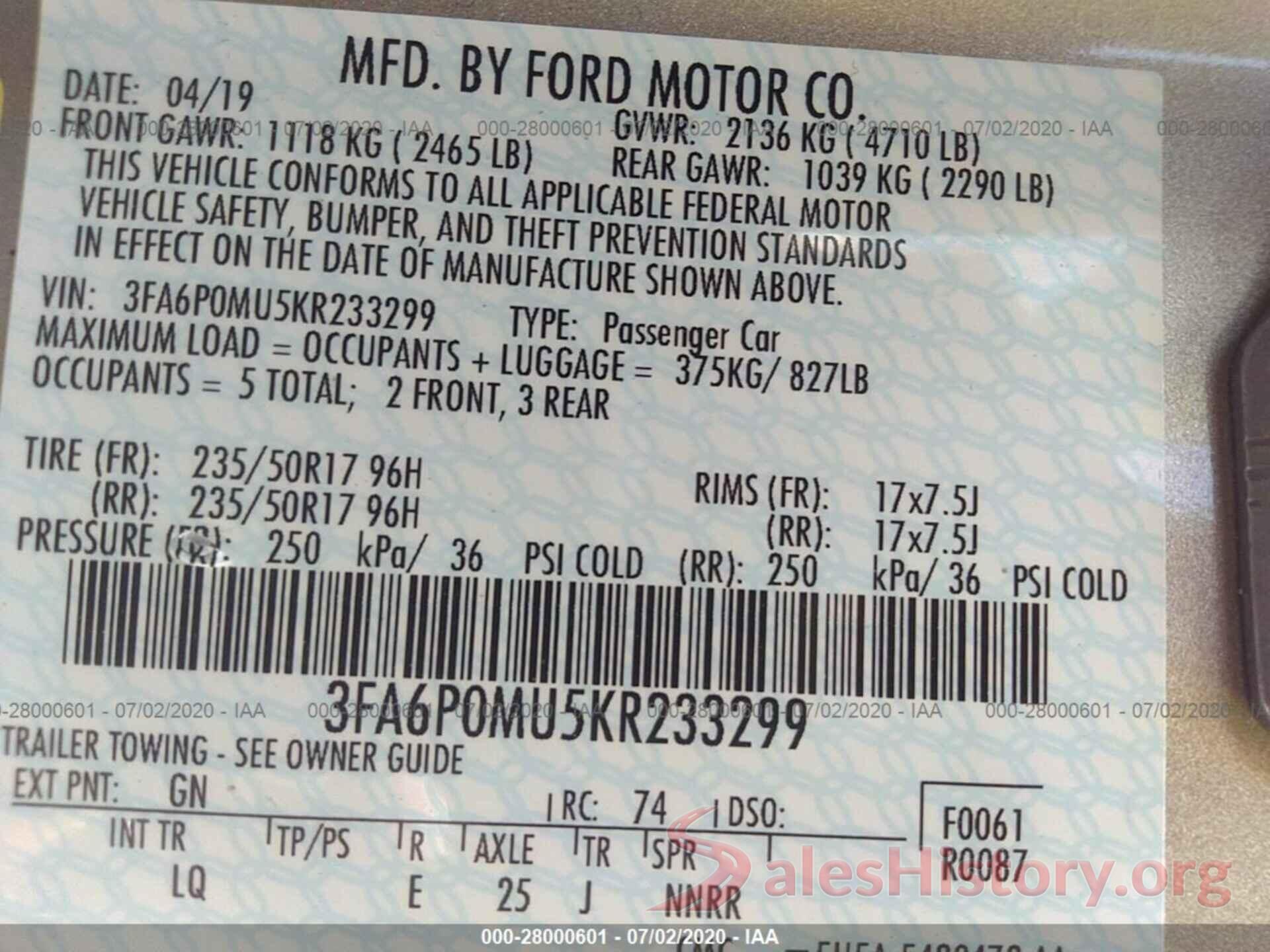 3FA6P0MU5KR233299 2019 FORD FUSION