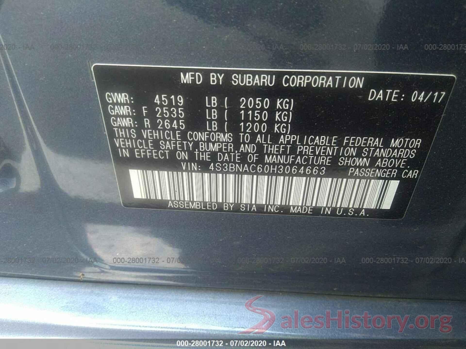 4S3BNAC60H3064663 2017 Subaru Legacy