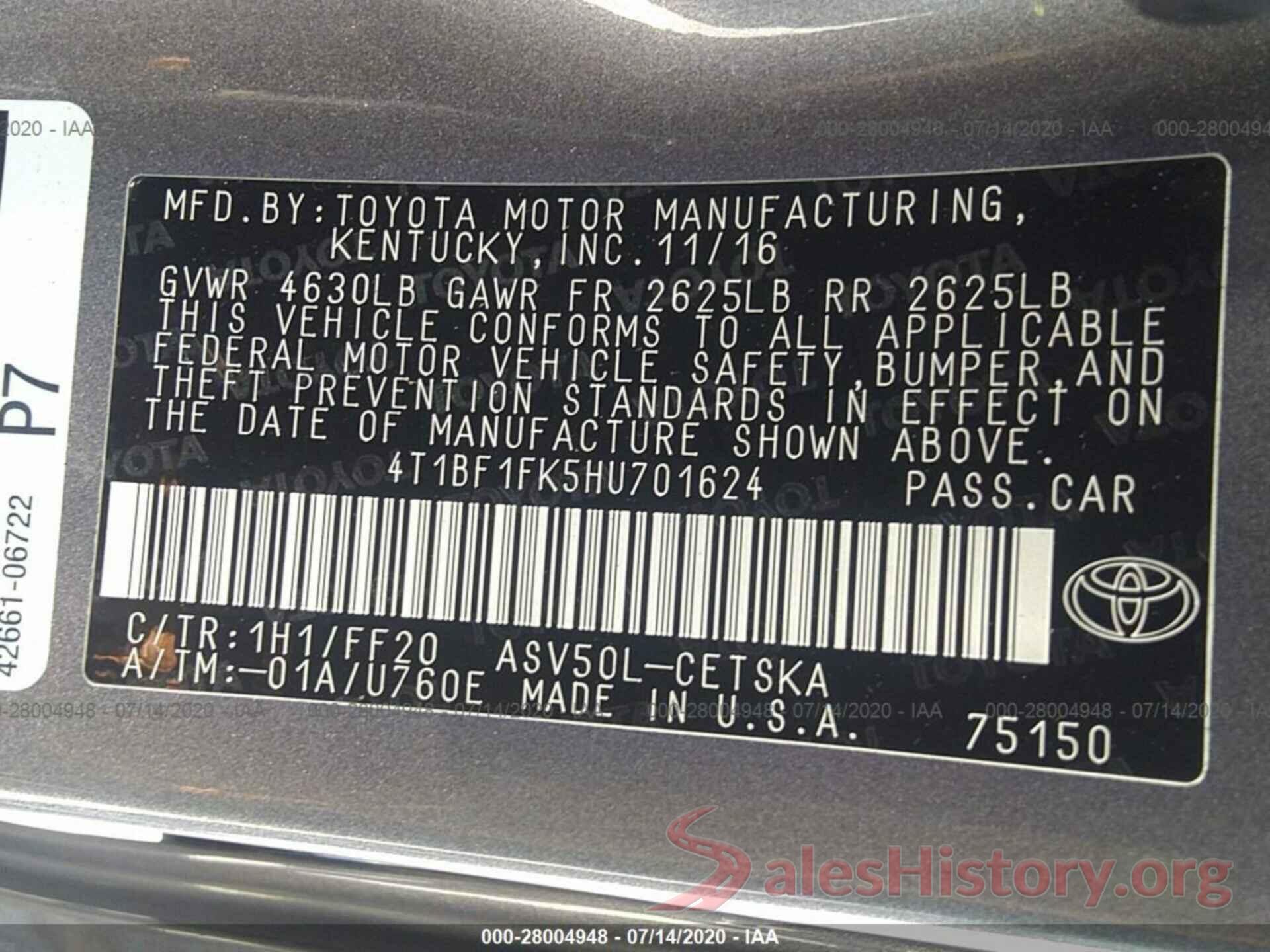 4T1BF1FK5HU701624 2017 TOYOTA CAMRY