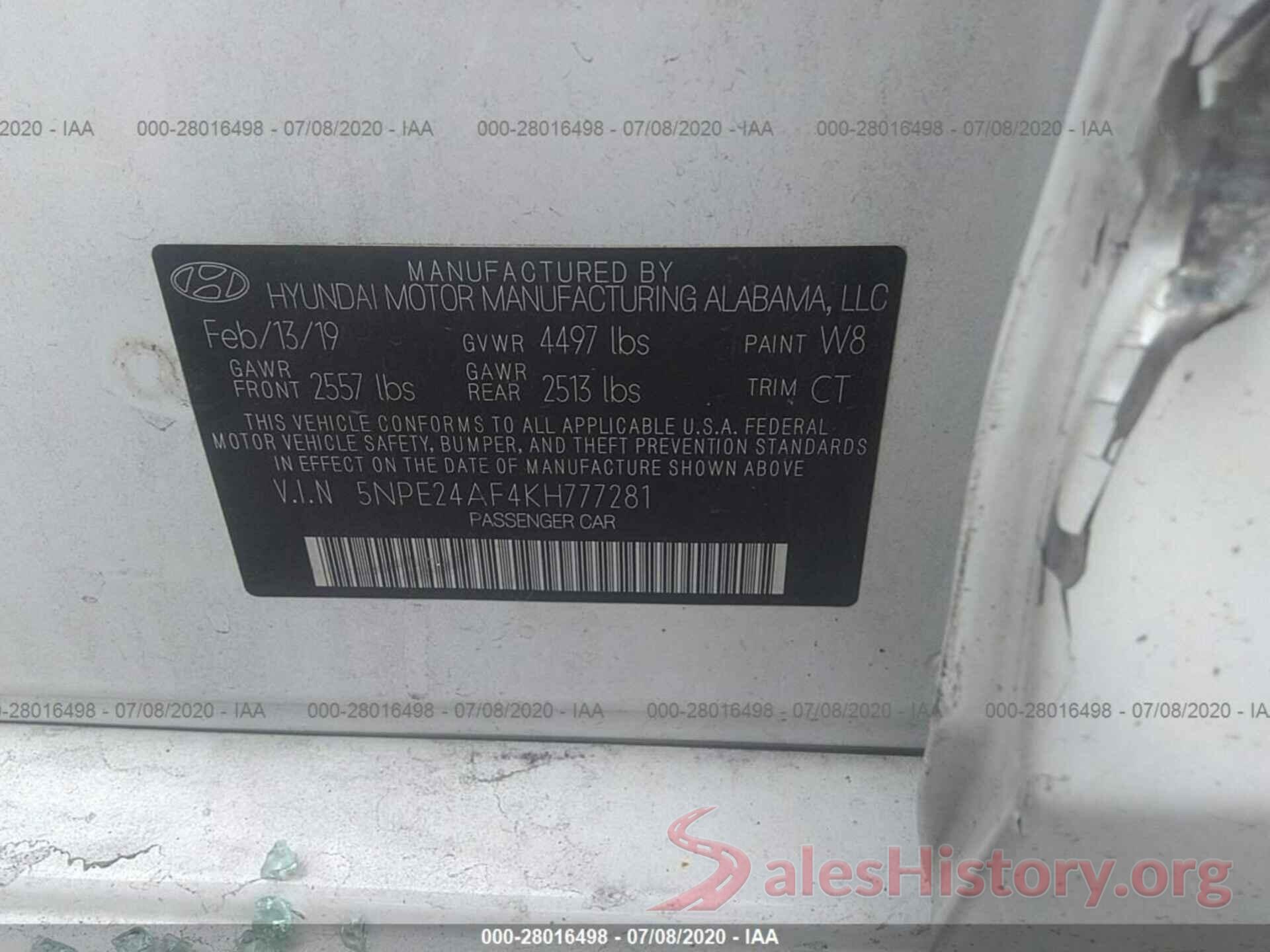 5NPE24AF4KH777281 2019 HYUNDAI SONATA