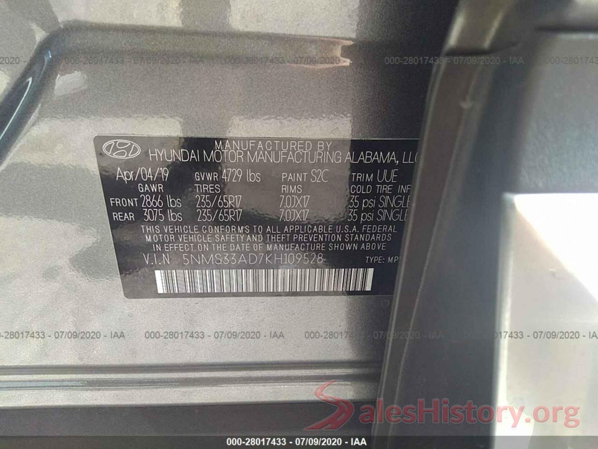 5NMS33AD7KH109528 2019 HYUNDAI SANTA FE