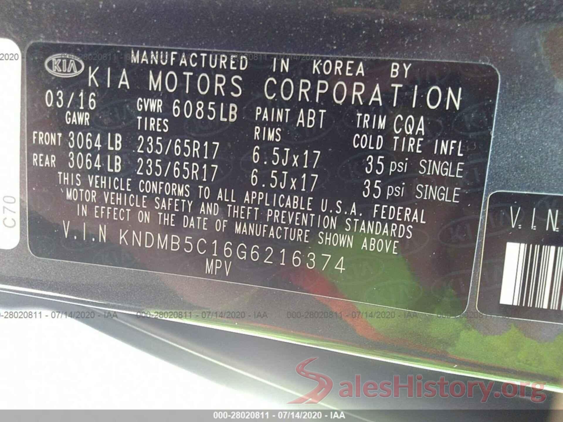 KNDMB5C16G6216374 2016 KIA Sedona