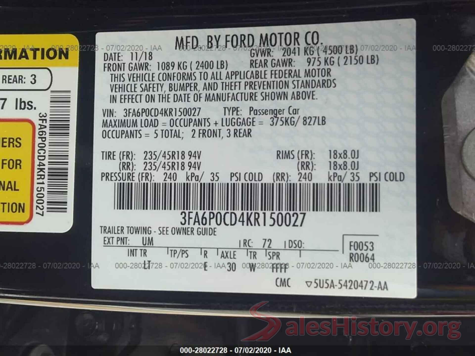 3FA6P0CD4KR150027 2019 FORD FUSION