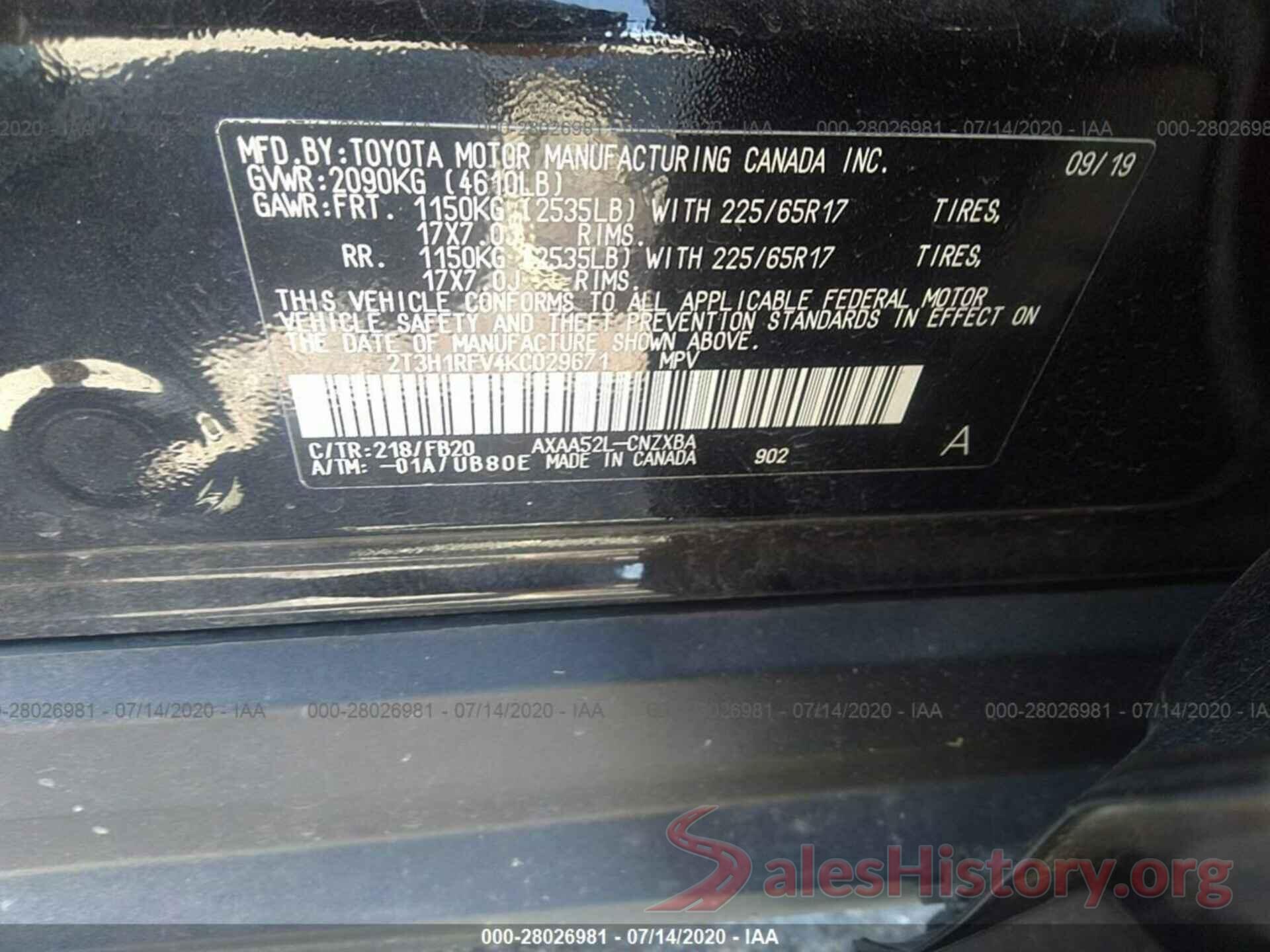 2T3H1RFV4KC029671 2019 TOYOTA RAV4