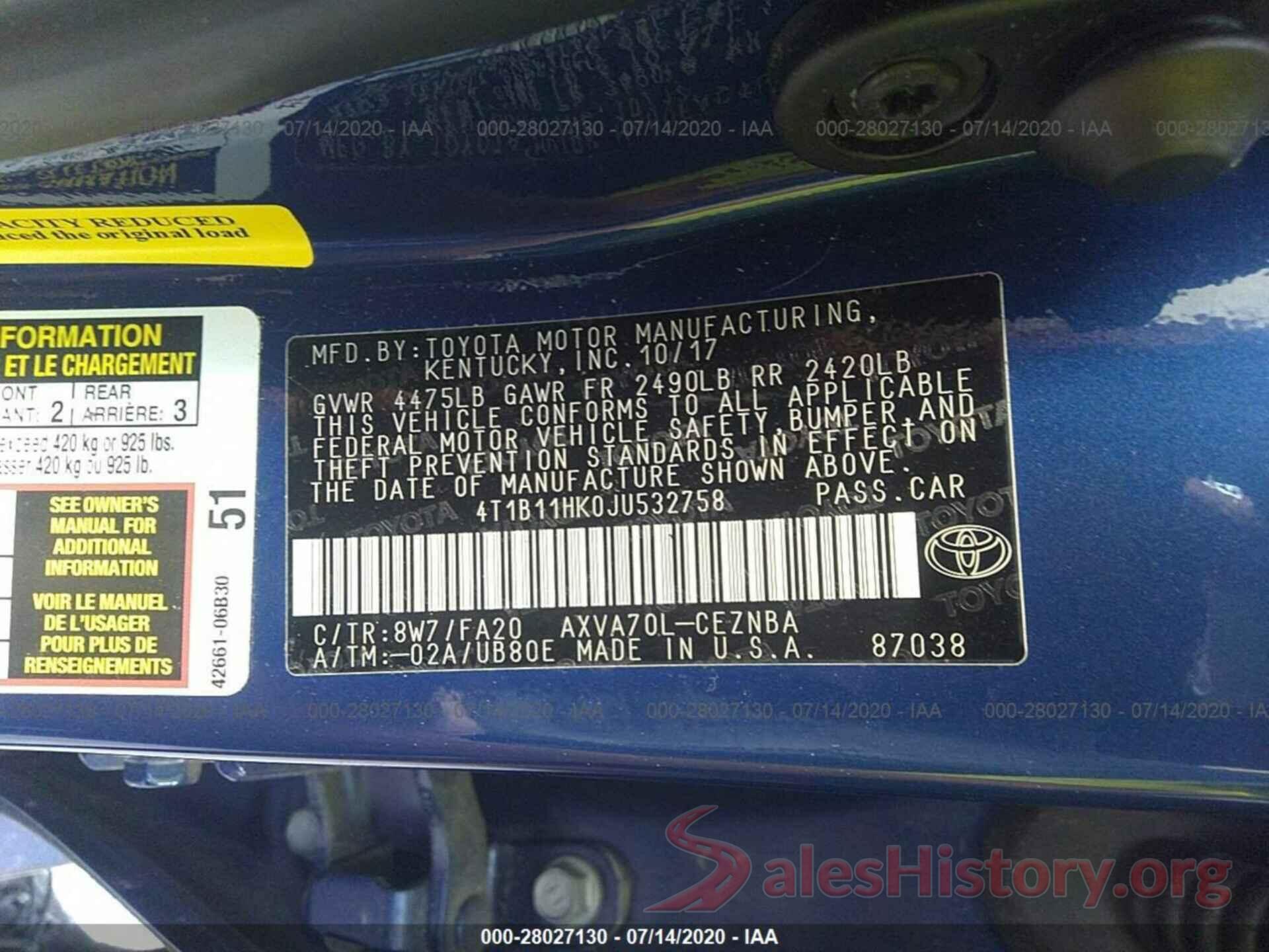 4T1B11HK0JU532758 2018 TOYOTA CAMRY