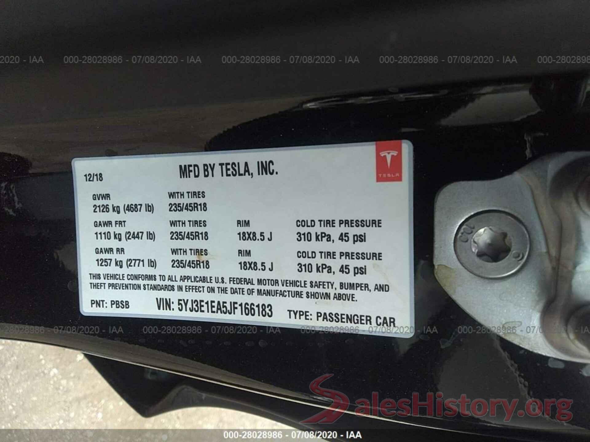 5YJ3E1EA5JF166183 2018 TESLA MODEL 3