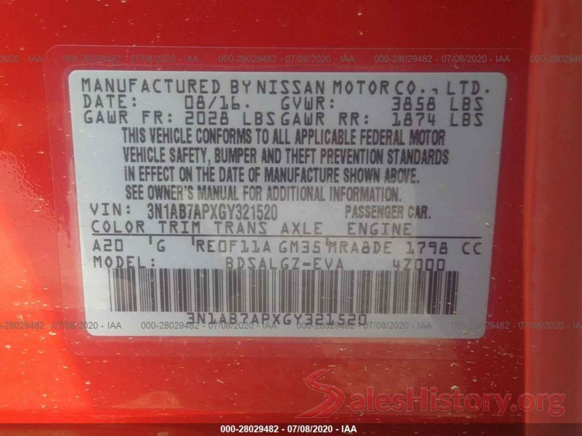 3N1AB7APXGY321520 2016 Nissan Sentra