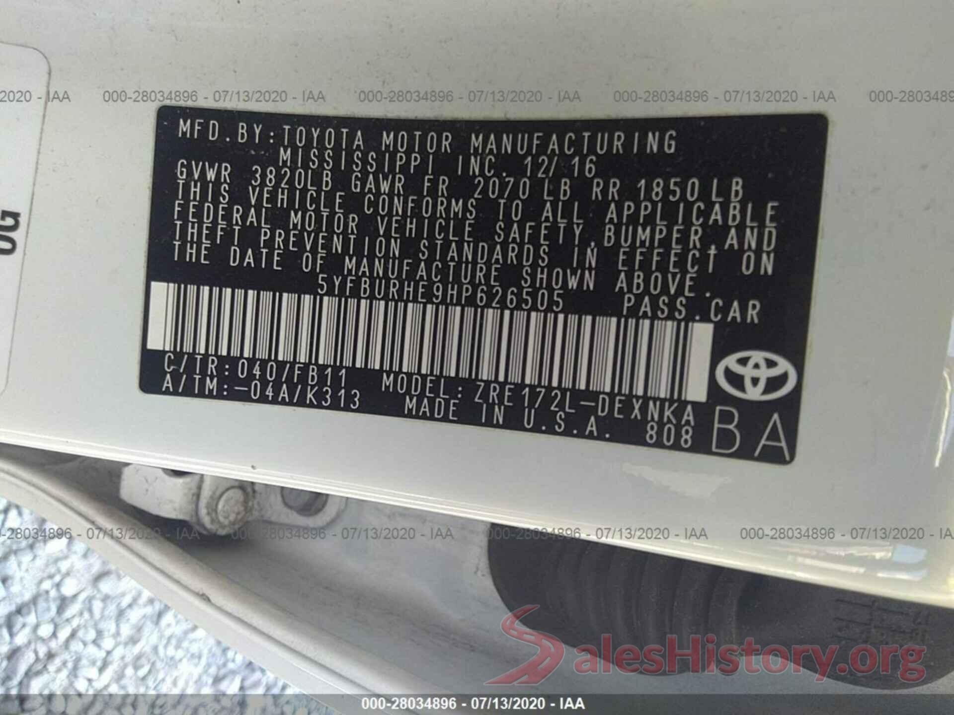 5YFBURHE9HP626505 2017 Toyota Corolla