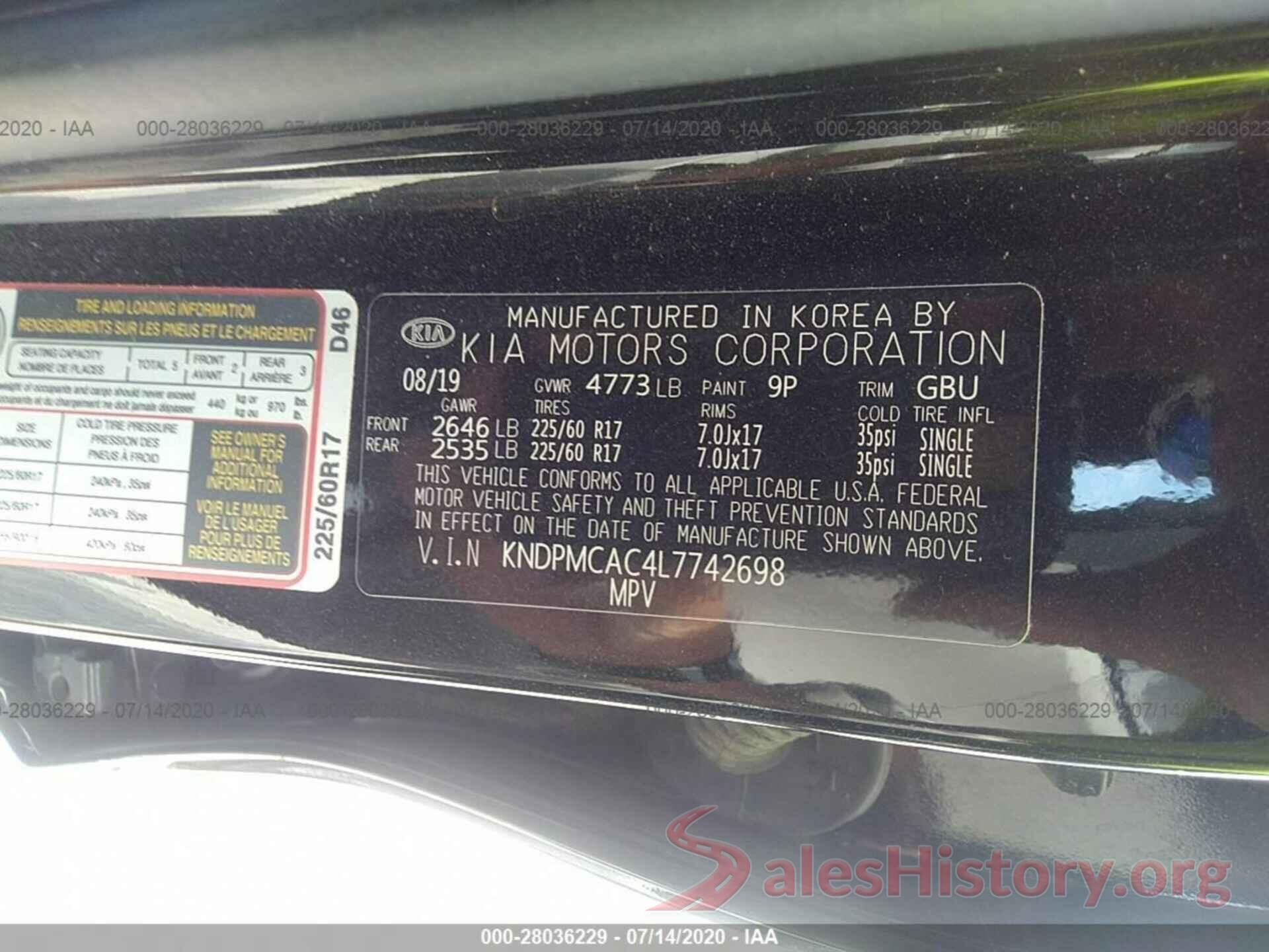 KNDPMCAC4L7742698 2020 KIA SPORTAGE