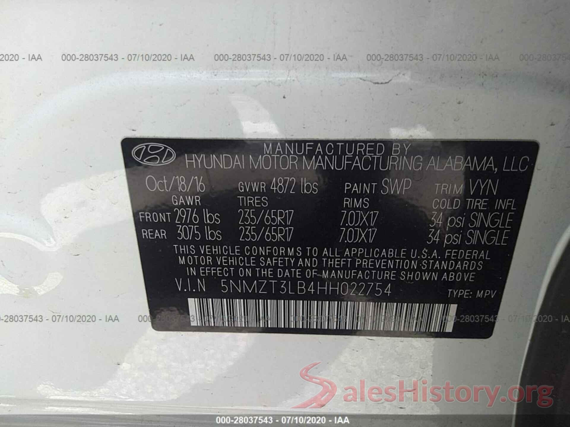 5NMZT3LB4HH022754 2017 Hyundai Santa FE Sport