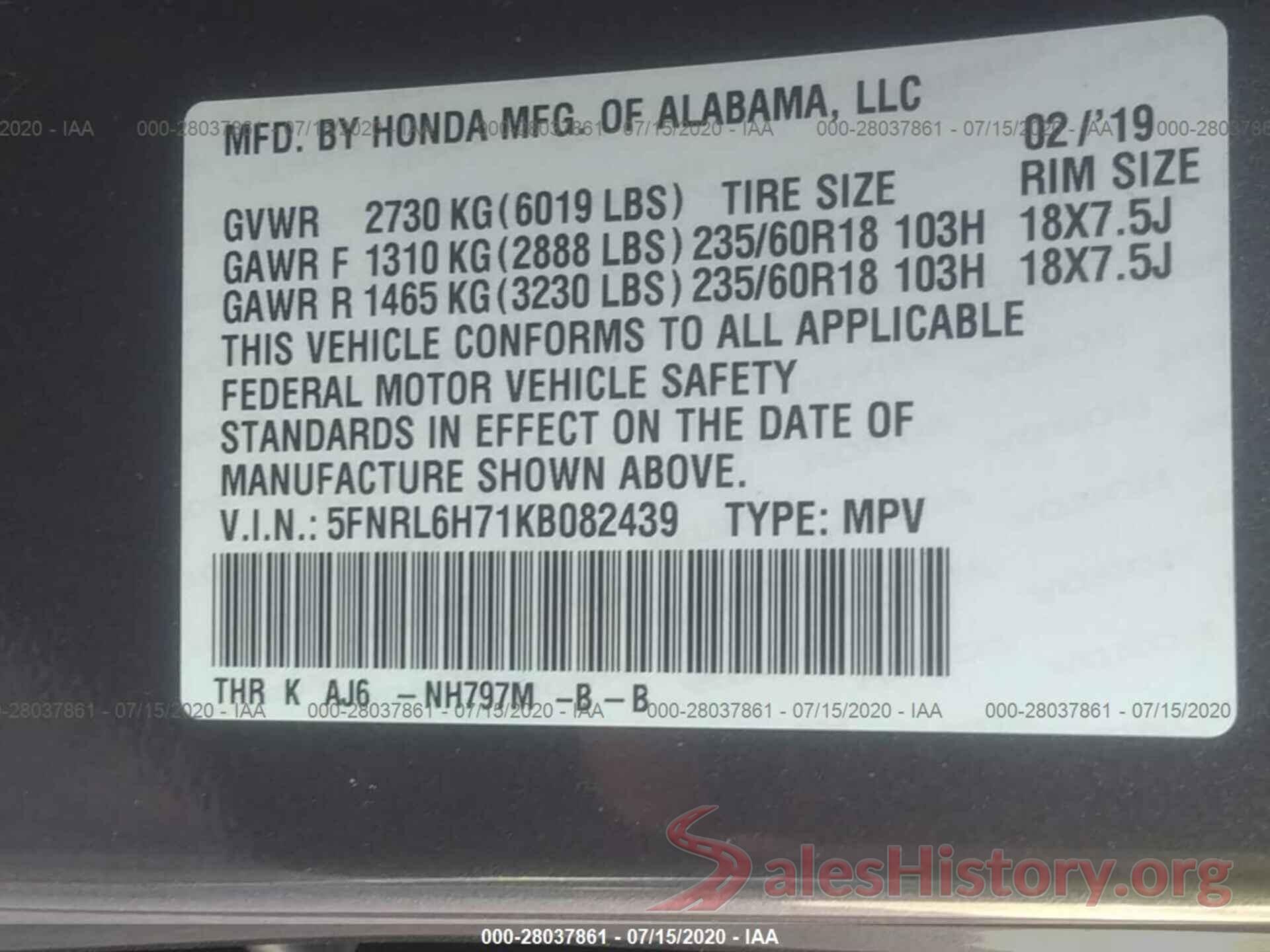 5FNRL6H71KB082439 2019 HONDA ODYSSEY