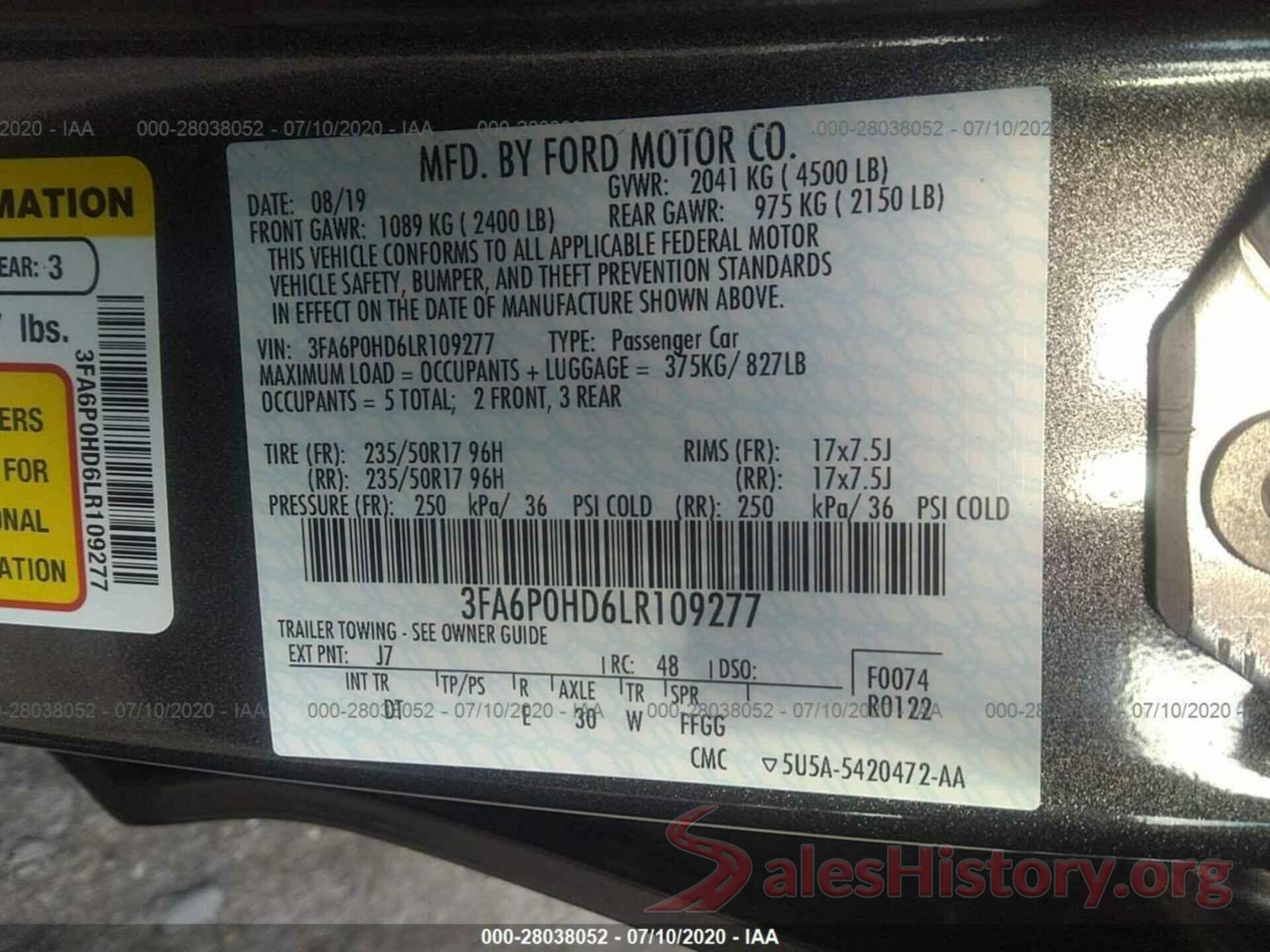 3FA6P0HD6LR109277 2020 FORD FUSION