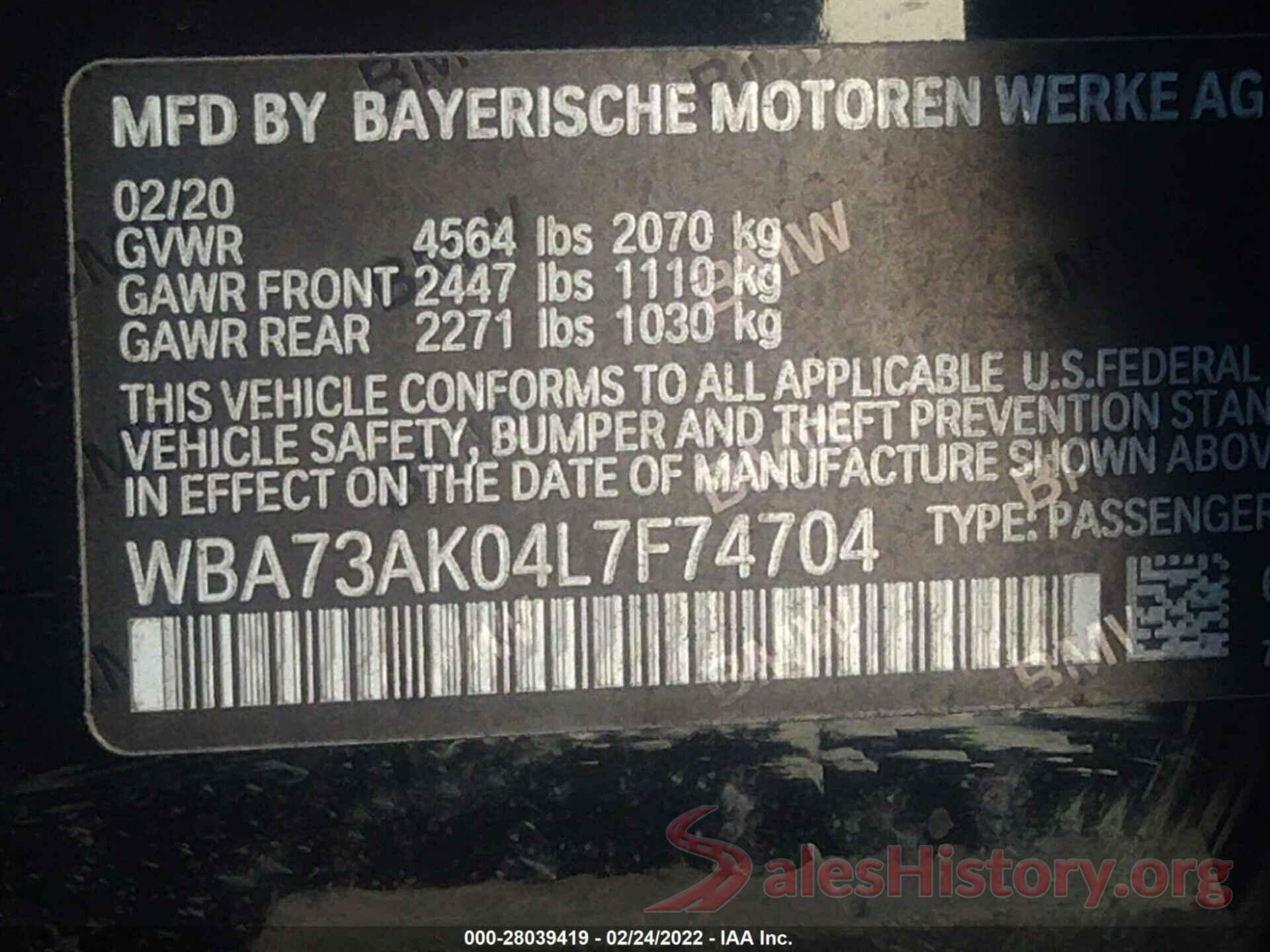 WBA73AK04L7F74704 2020 BMW 2 SERIES