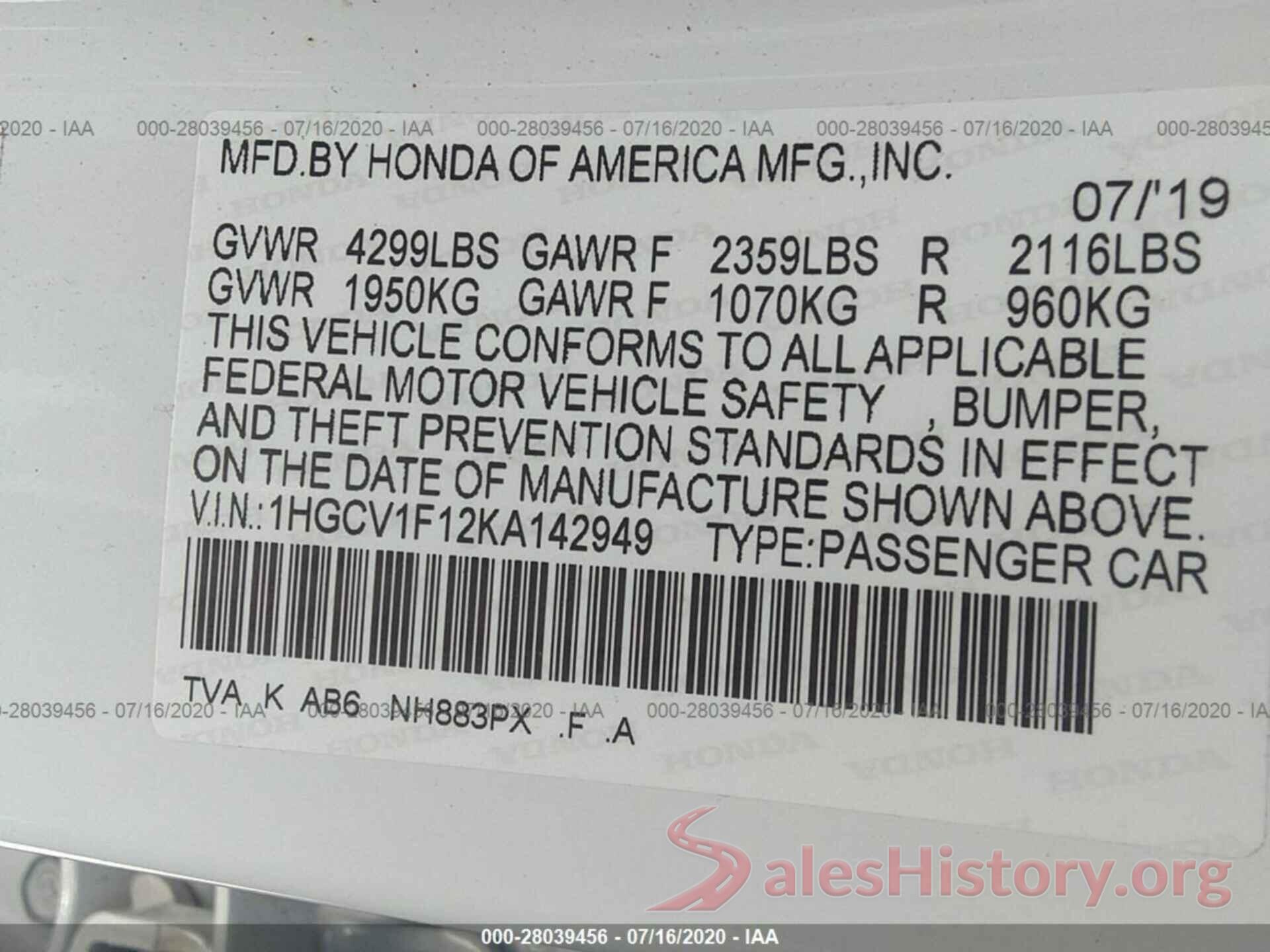 1HGCV1F12KA142949 2019 HONDA ACCORD