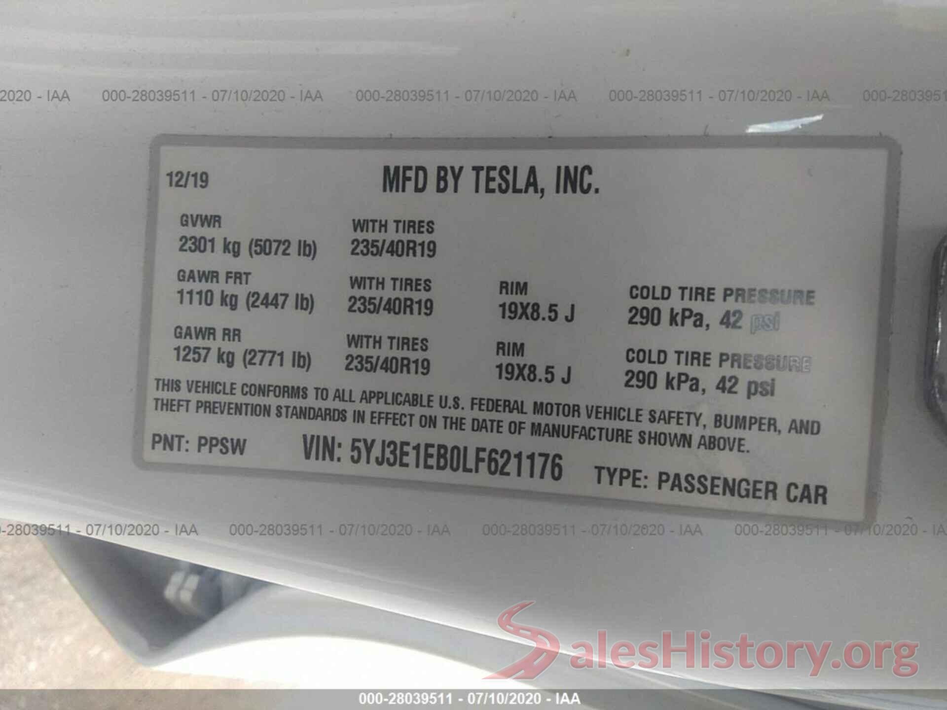 5YJ3E1EB0LF621176 2020 TESLA MODEL 3