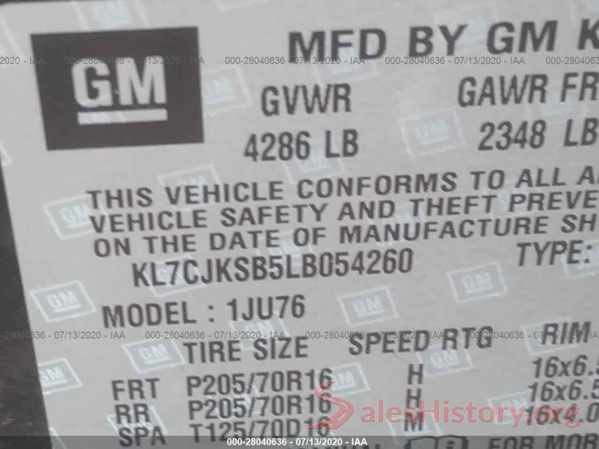 KL7CJKSB5LB054260 2020 CHEVROLET TRAX