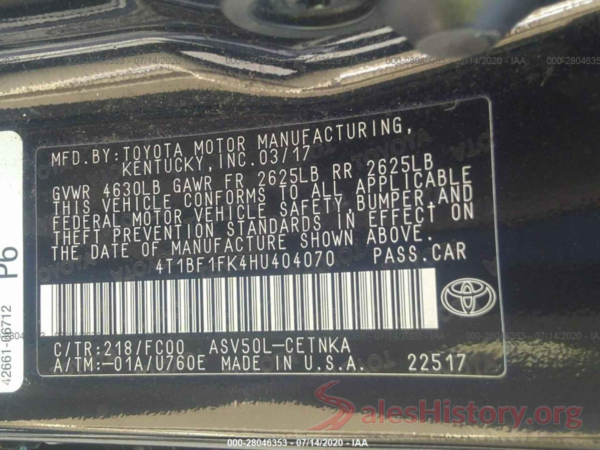 4T1BF1FK4HU404070 2017 Toyota Camry