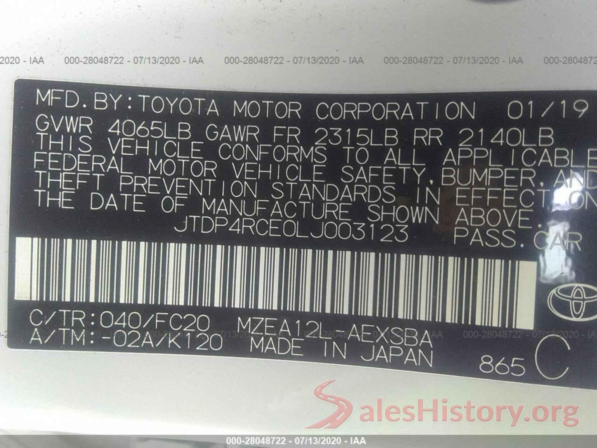 JTDP4RCE0LJ003123 2020 TOYOTA COROLLA