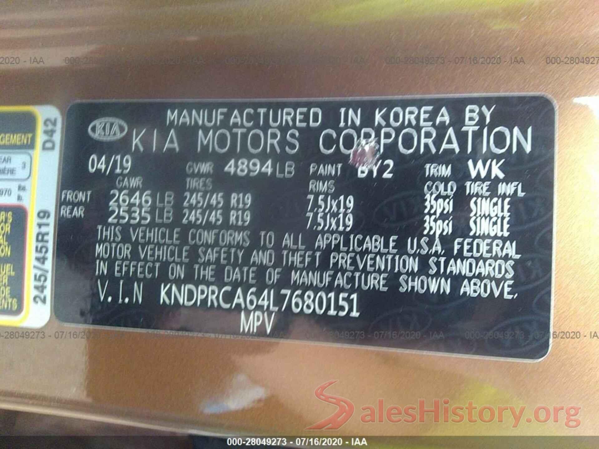 KNDPRCA64L7680151 2020 KIA SPORTAGE