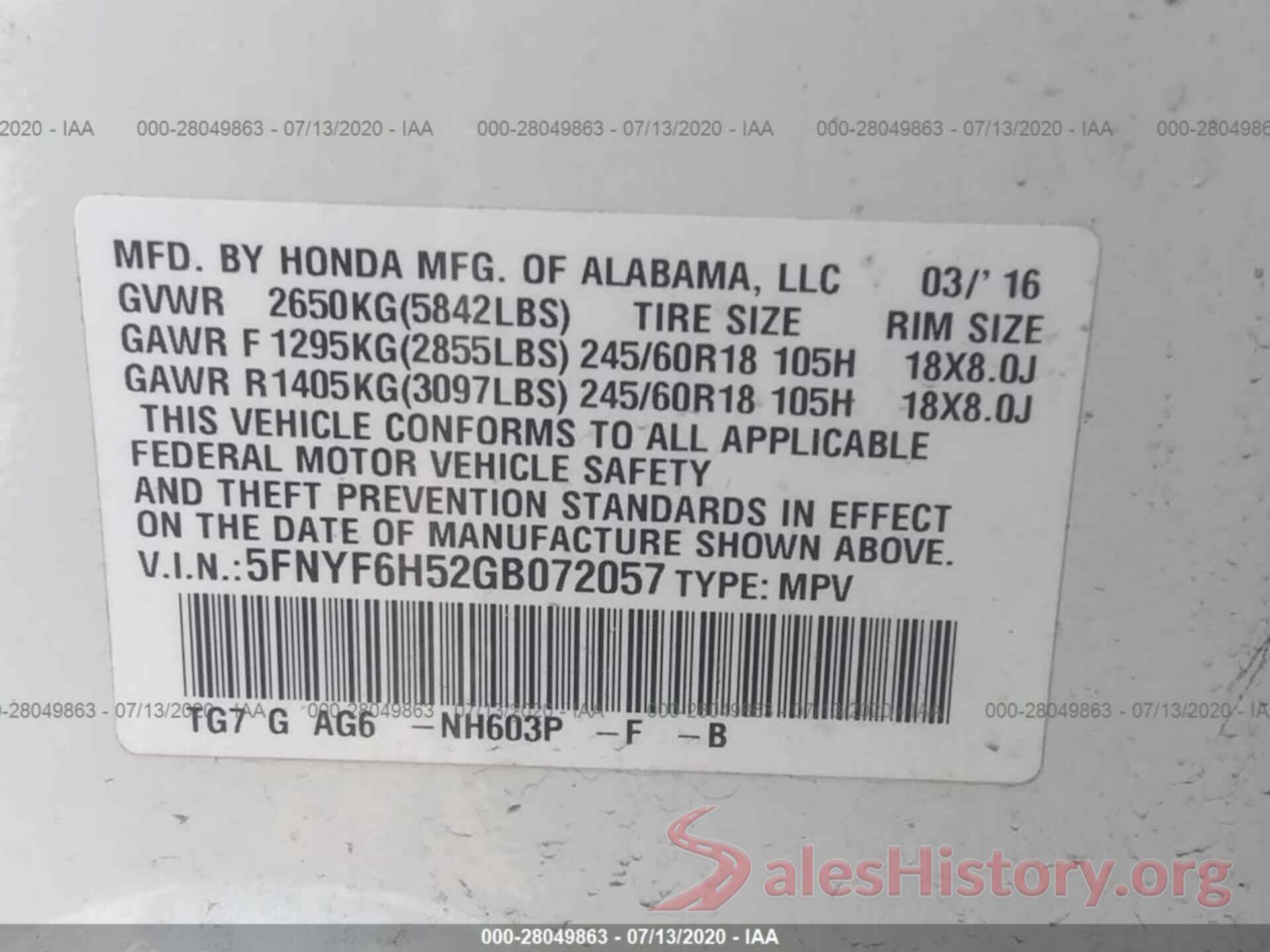 5FNYF6H52GB072057 2016 HONDA PILOT