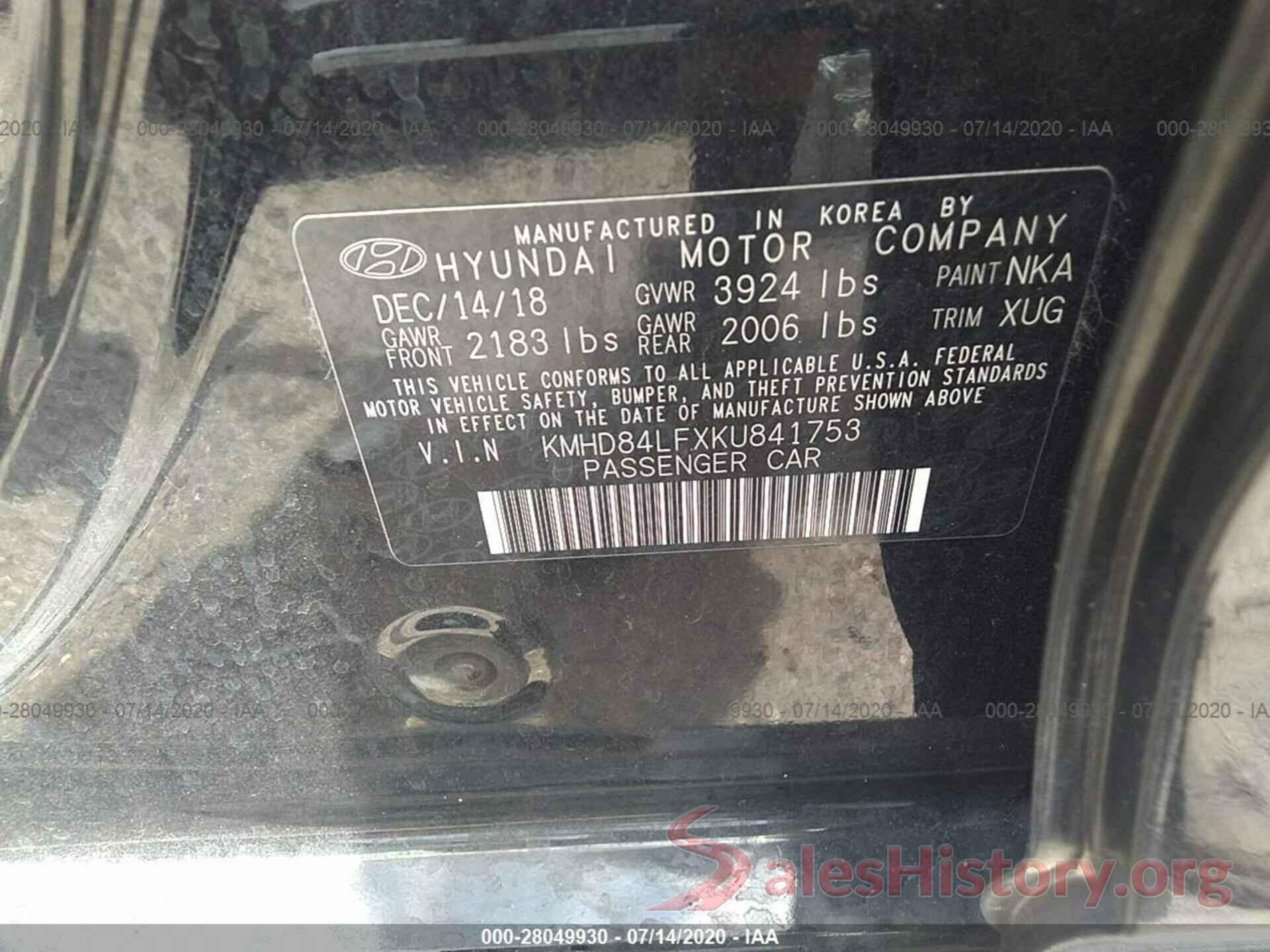 KMHD84LFXKU841753 2019 HYUNDAI ELANTRA