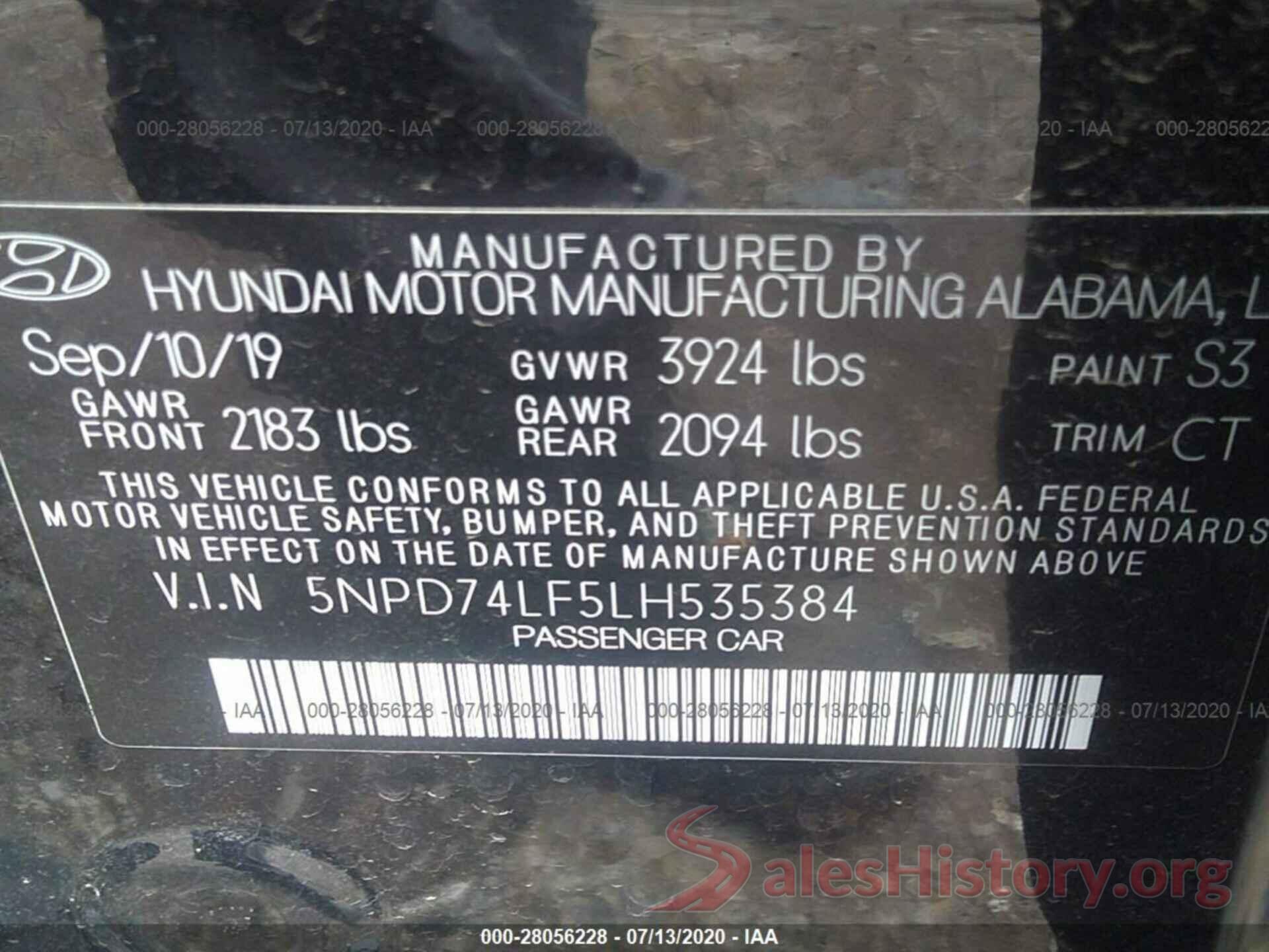 5NPD74LF5LH535384 2020 HYUNDAI ELANTRA