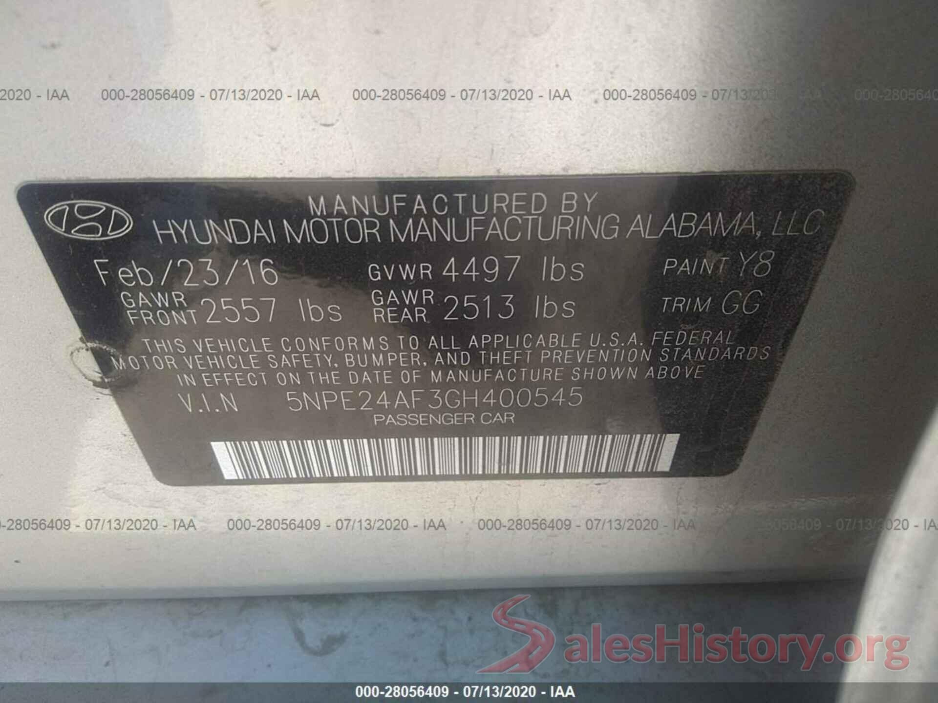 5NPE24AF3GH400545 2016 Hyundai SONATA