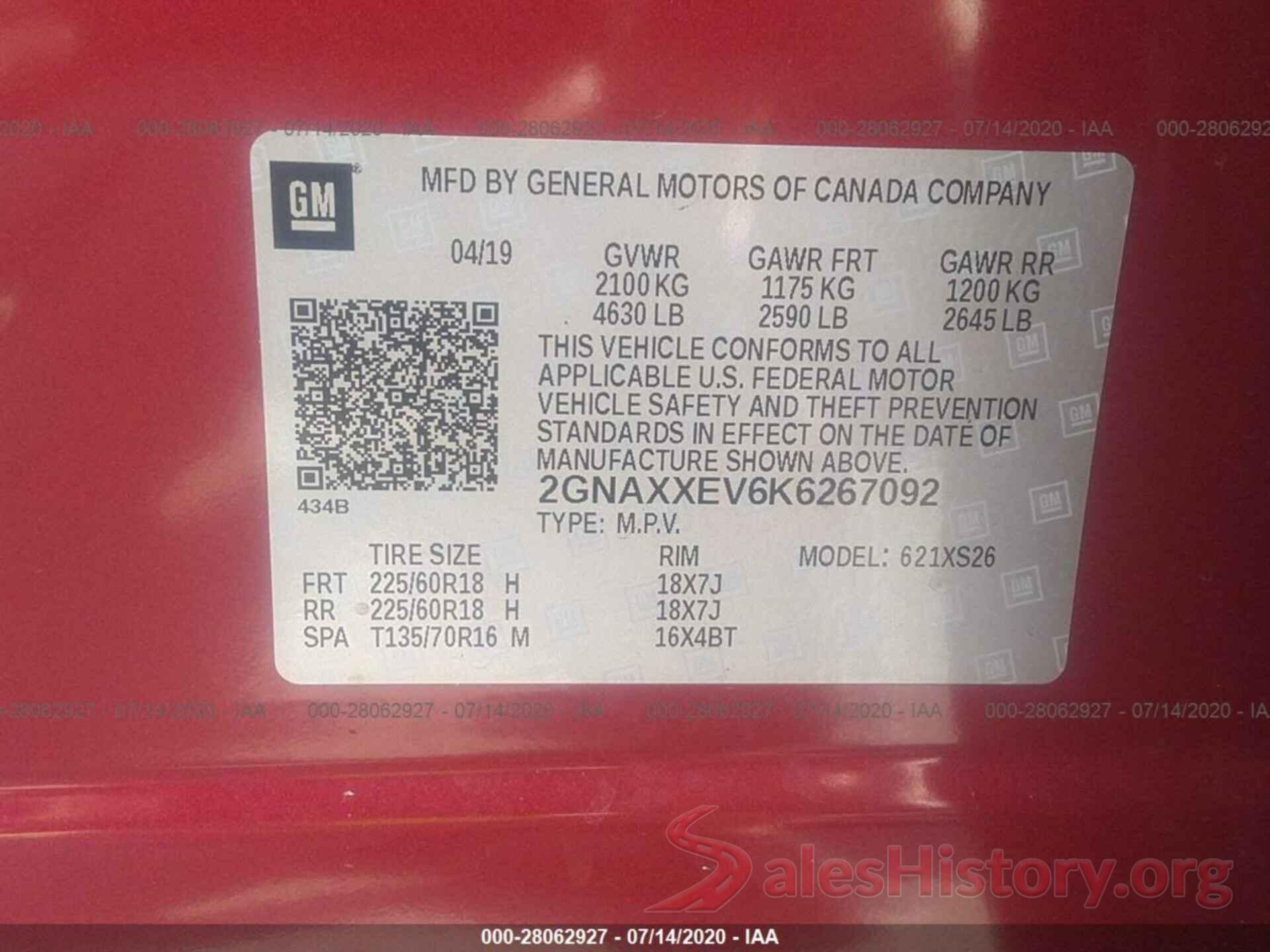 2GNAXXEV6K6267092 2019 CHEVROLET EQUINOX