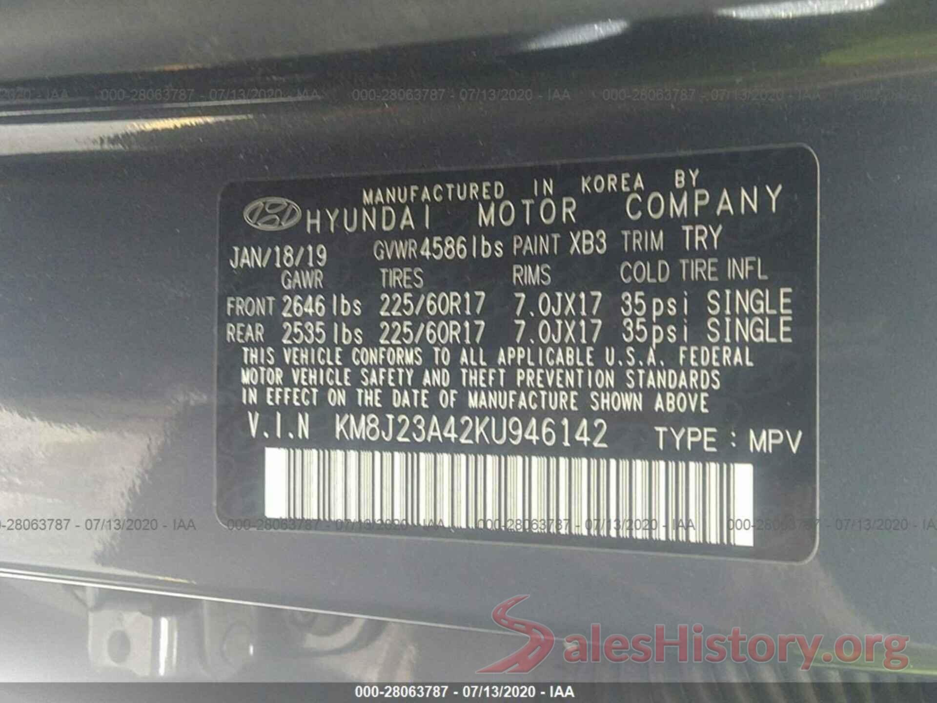 KM8J23A42KU946142 2019 HYUNDAI TUCSON