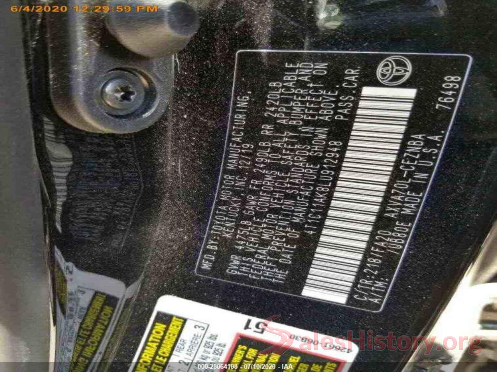 4T1C11AK8LU912948 2020 TOYOTA CAMRY