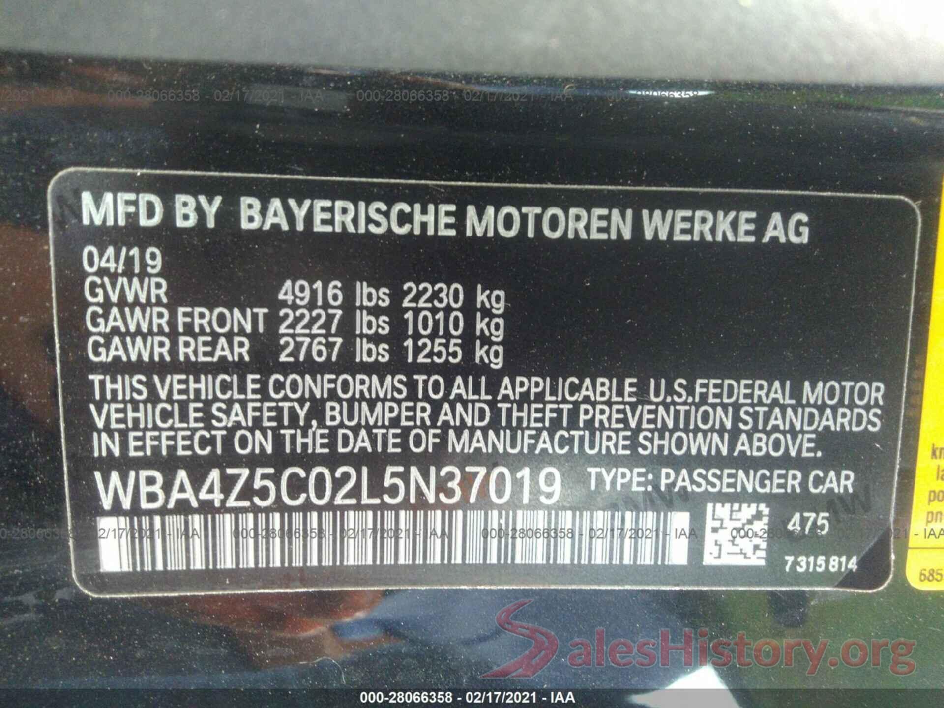 WBA4Z5C02L5N37019 2020 BMW 4 SERIES