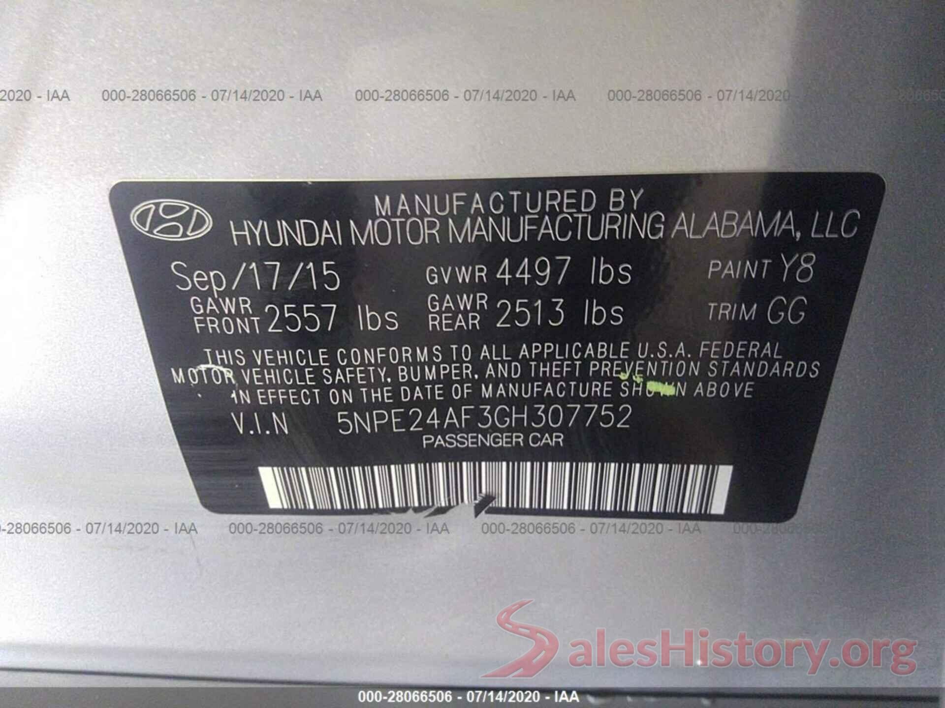 5NPE24AF3GH307752 2016 Hyundai Sonata