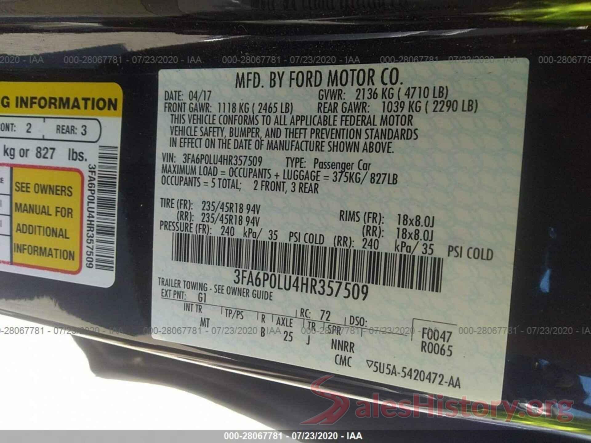 3FA6P0LU4HR357509 2017 FORD FUSION