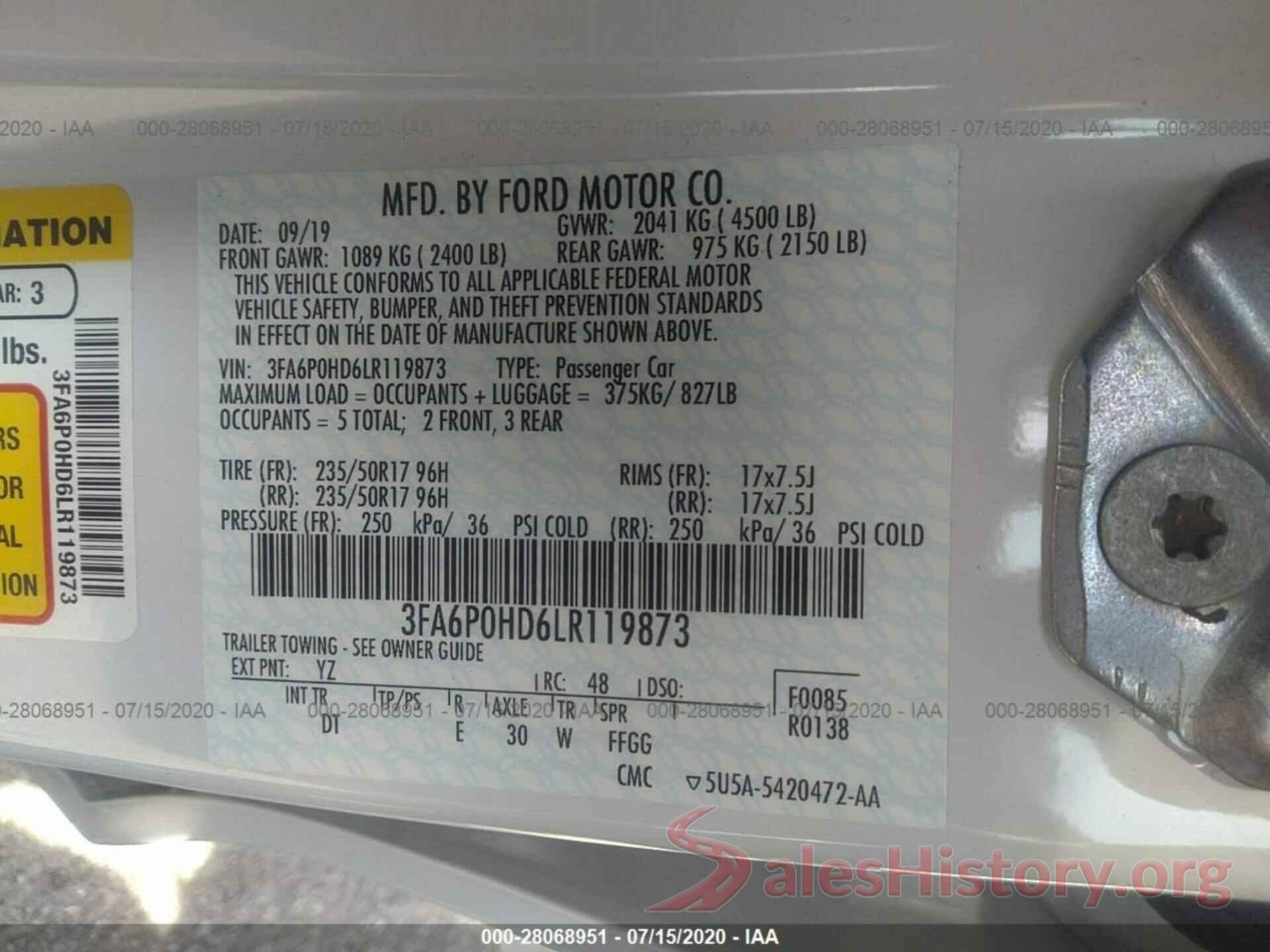 3FA6P0HD6LR119873 2020 FORD FUSION