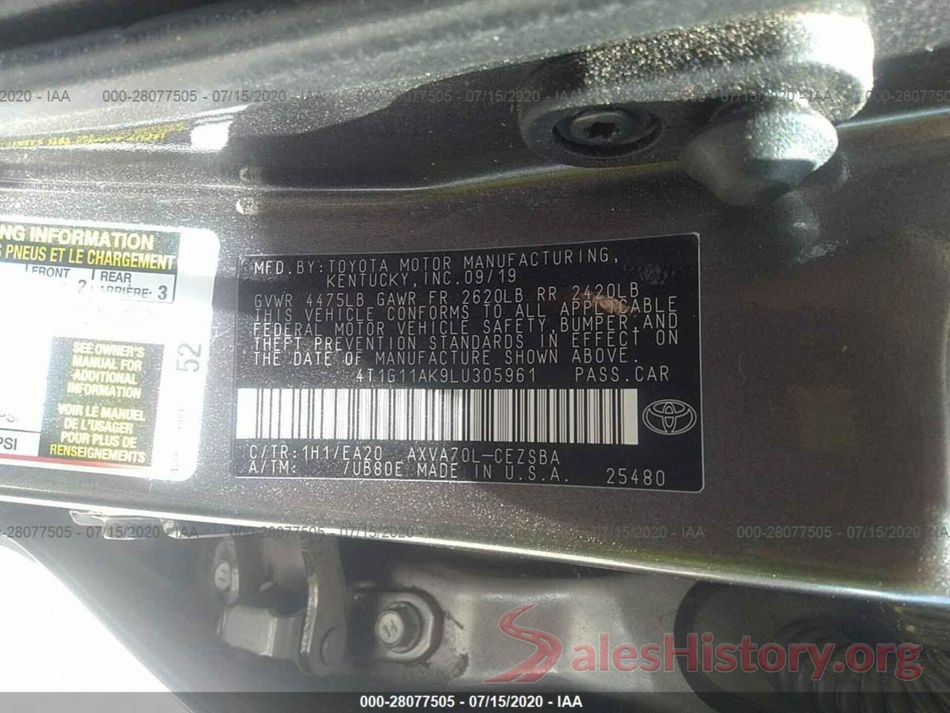 4T1G11AK9LU305961 2020 TOYOTA CAMRY