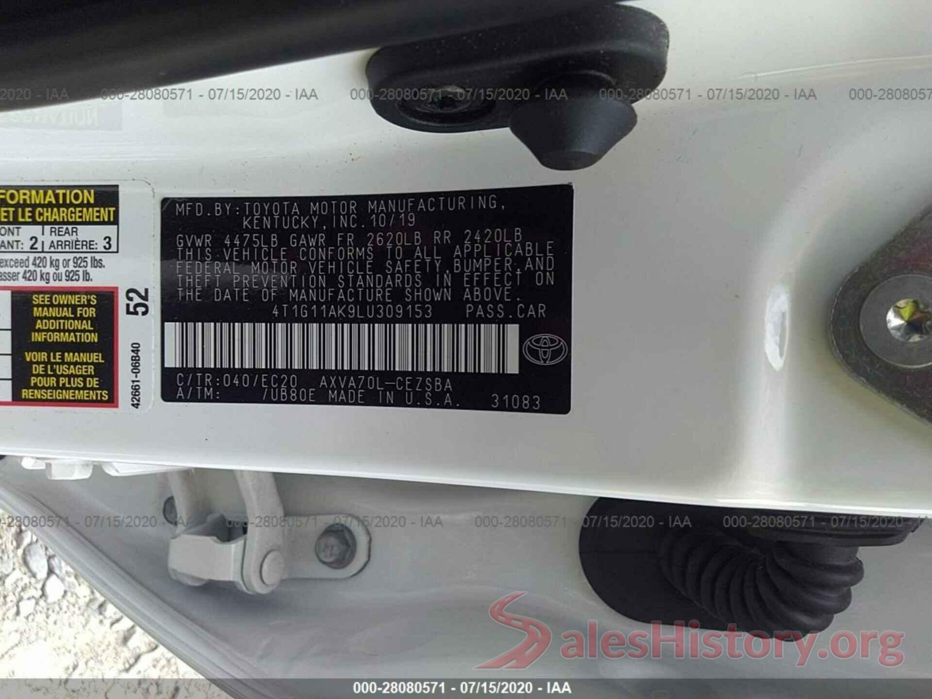 4T1G11AK9LU309153 2020 TOYOTA CAMRY