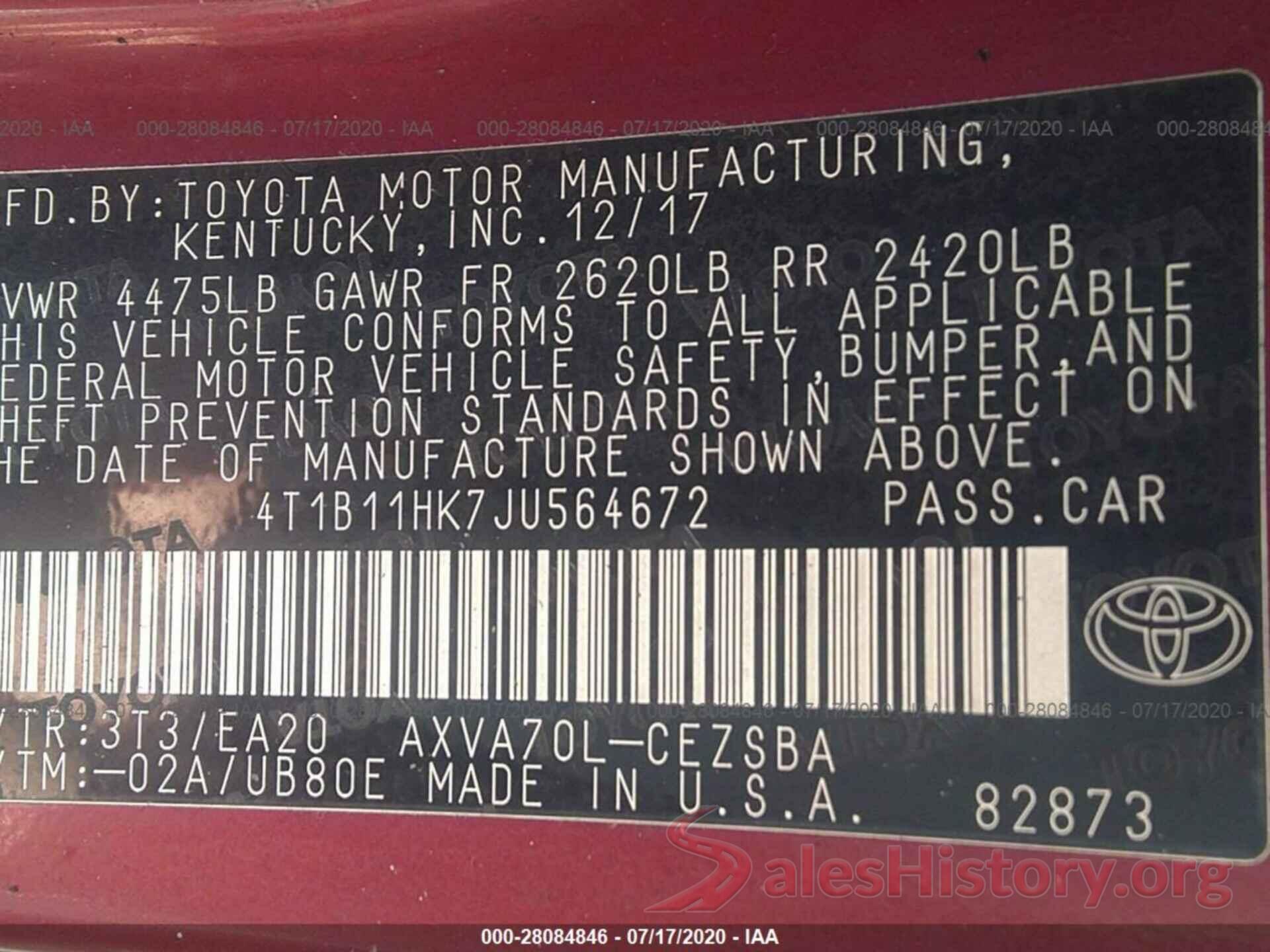 4T1B11HK7JU564672 2018 Toyota Camry