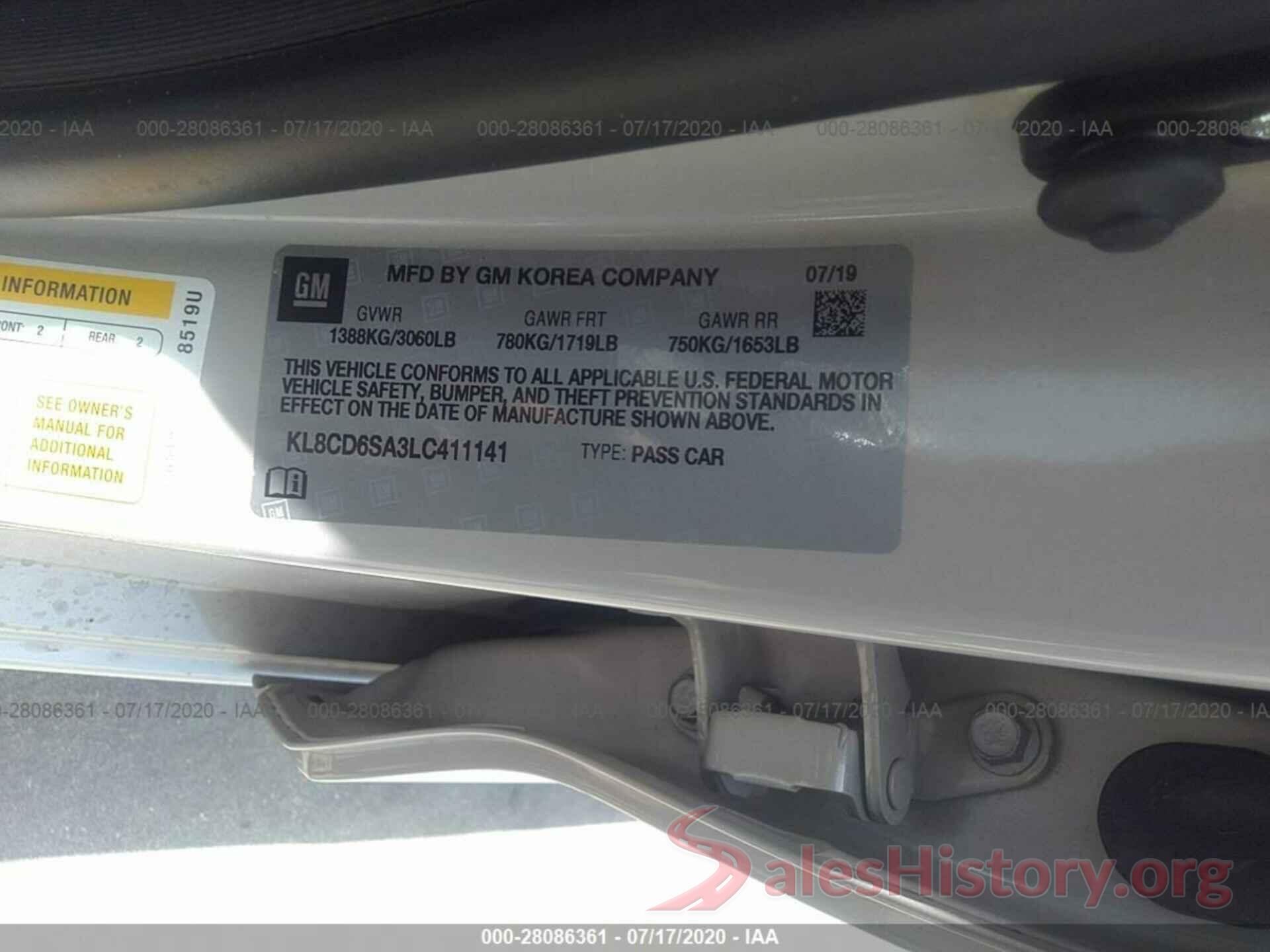 KL8CD6SA3LC411141 2020 CHEVROLET SPARK