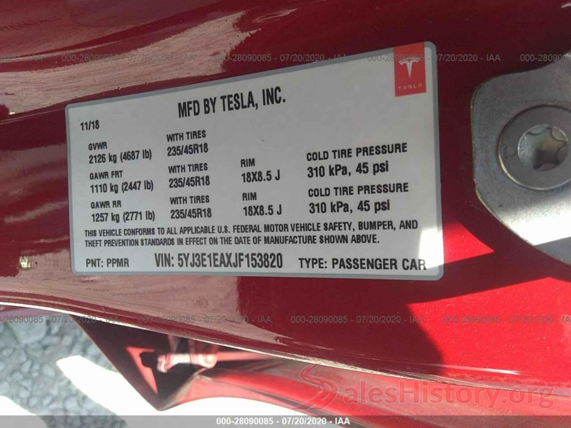 5YJ3E1EAXJF153820 2018 Tesla Model 3