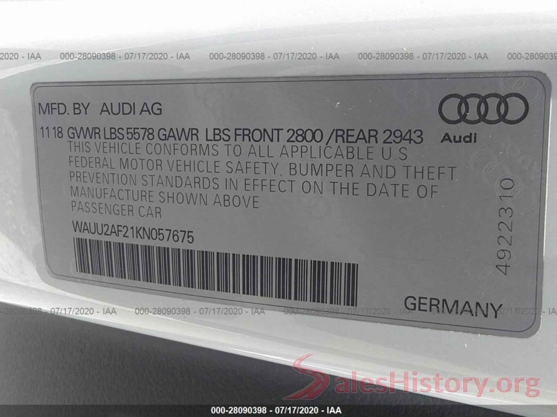 WAUU2AF21KN057675 2019 AUDI A7