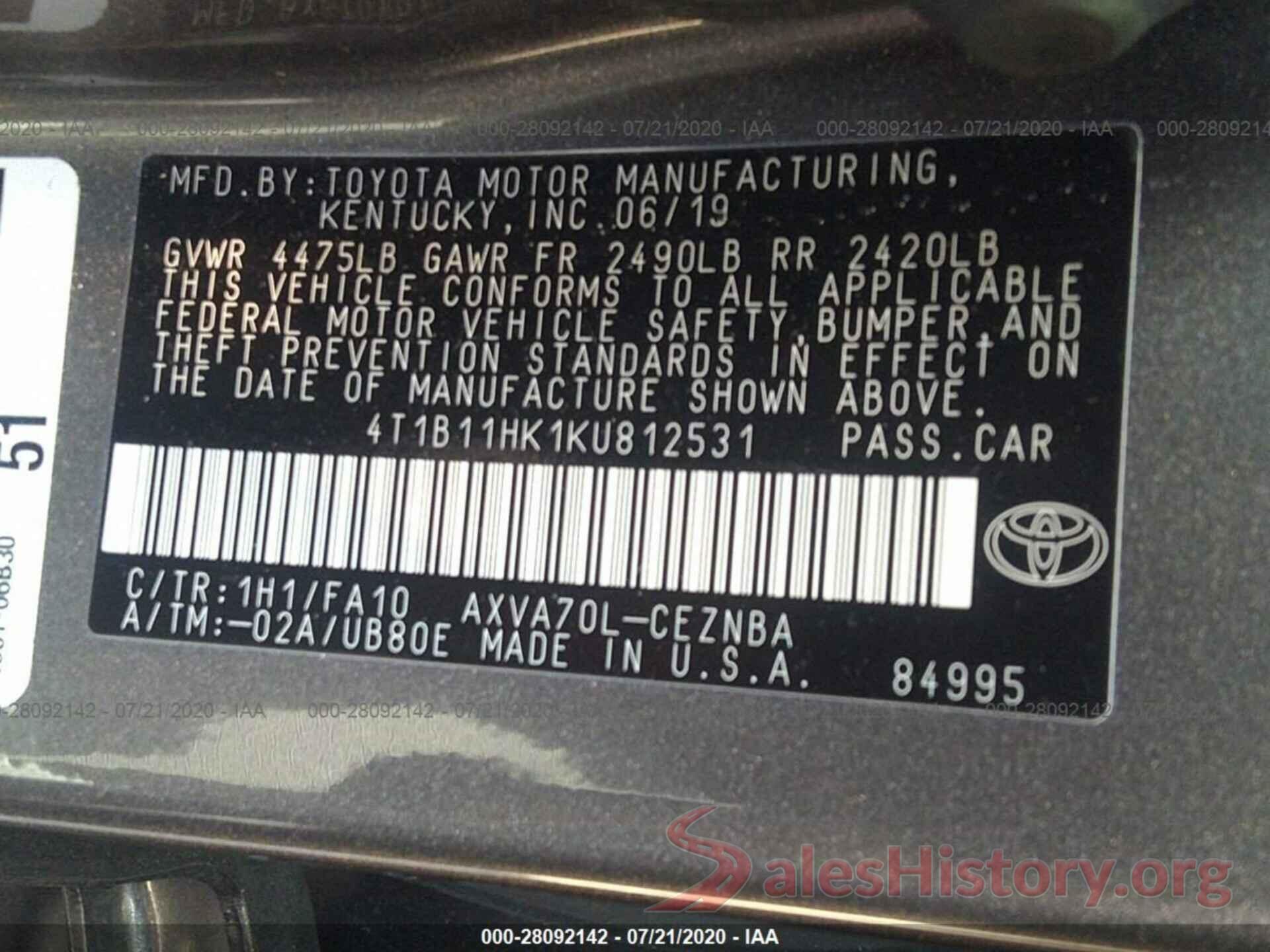 4T1B11HK1KU812531 2019 TOYOTA CAMRY