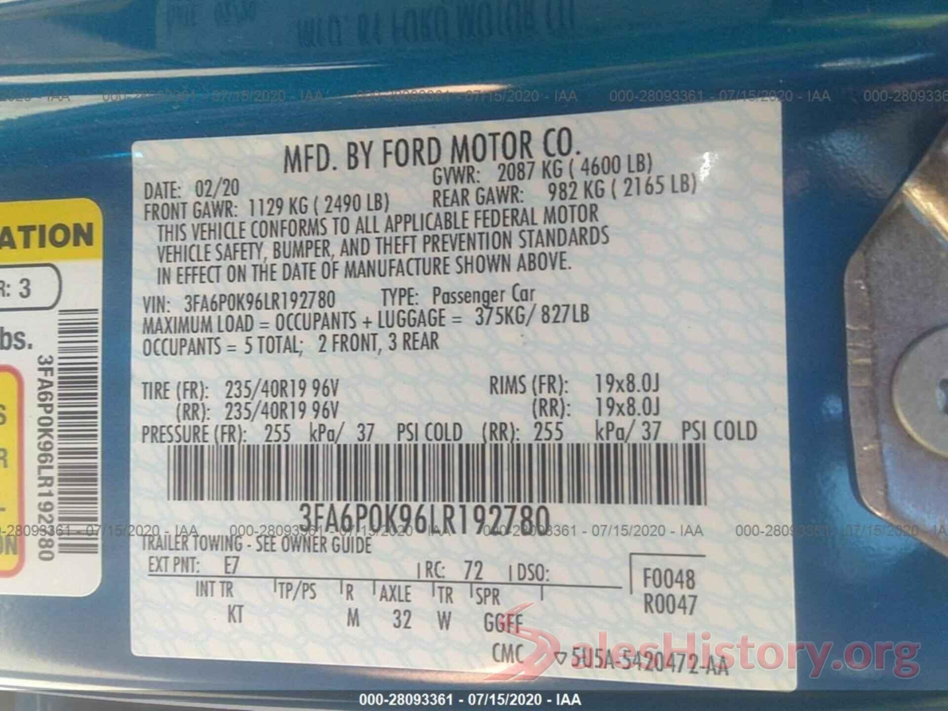 3FA6P0K96LR192780 2020 FORD FUSION