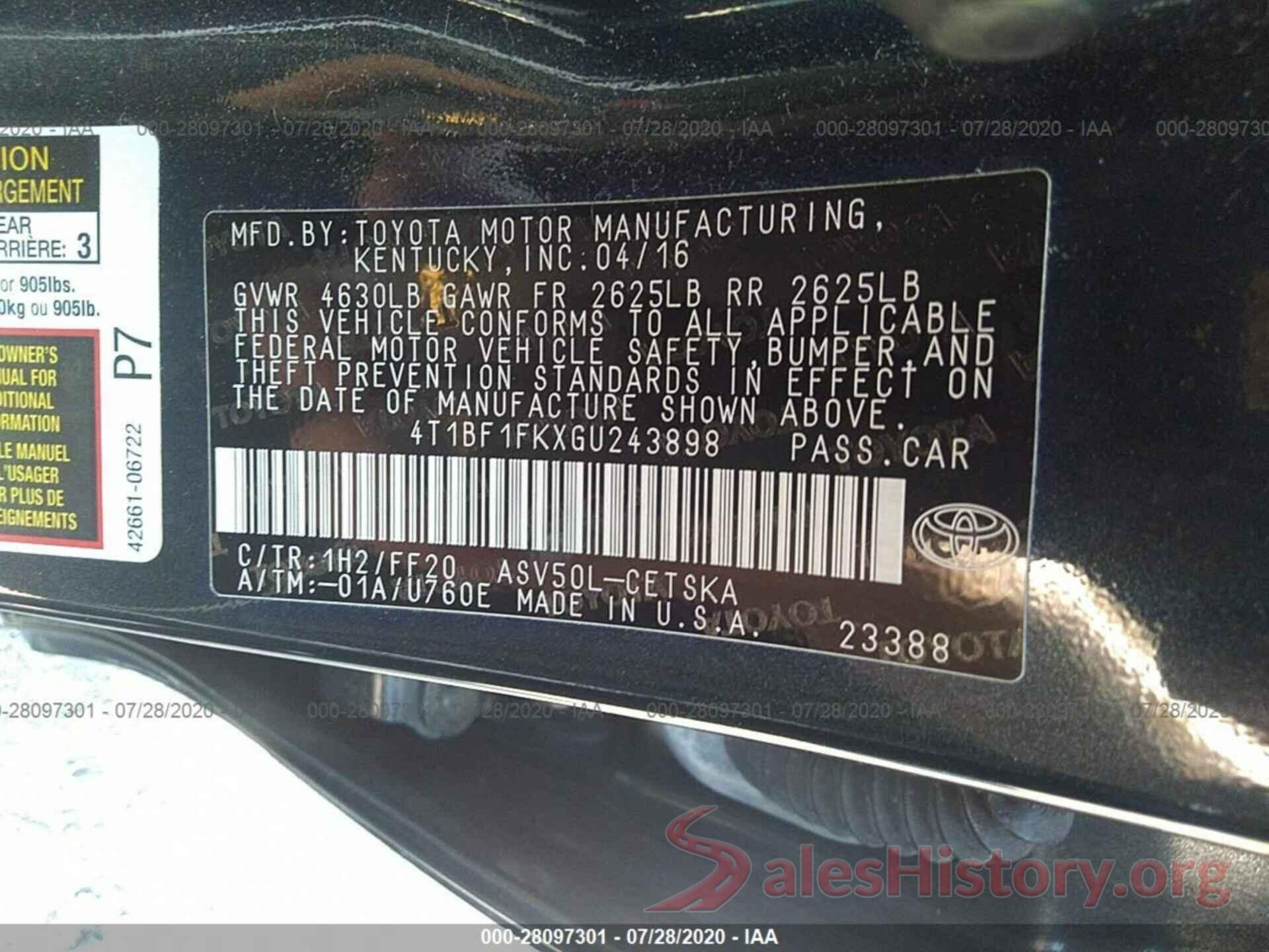 4T1BF1FKXGU243898 2016 TOYOTA CAMRY