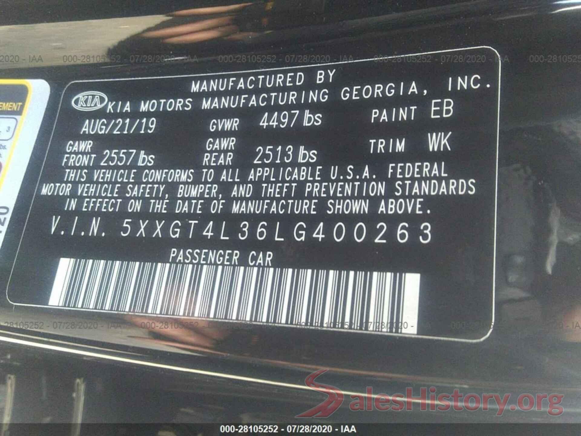 5XXGT4L36LG400263 2020 KIA OPTIMA